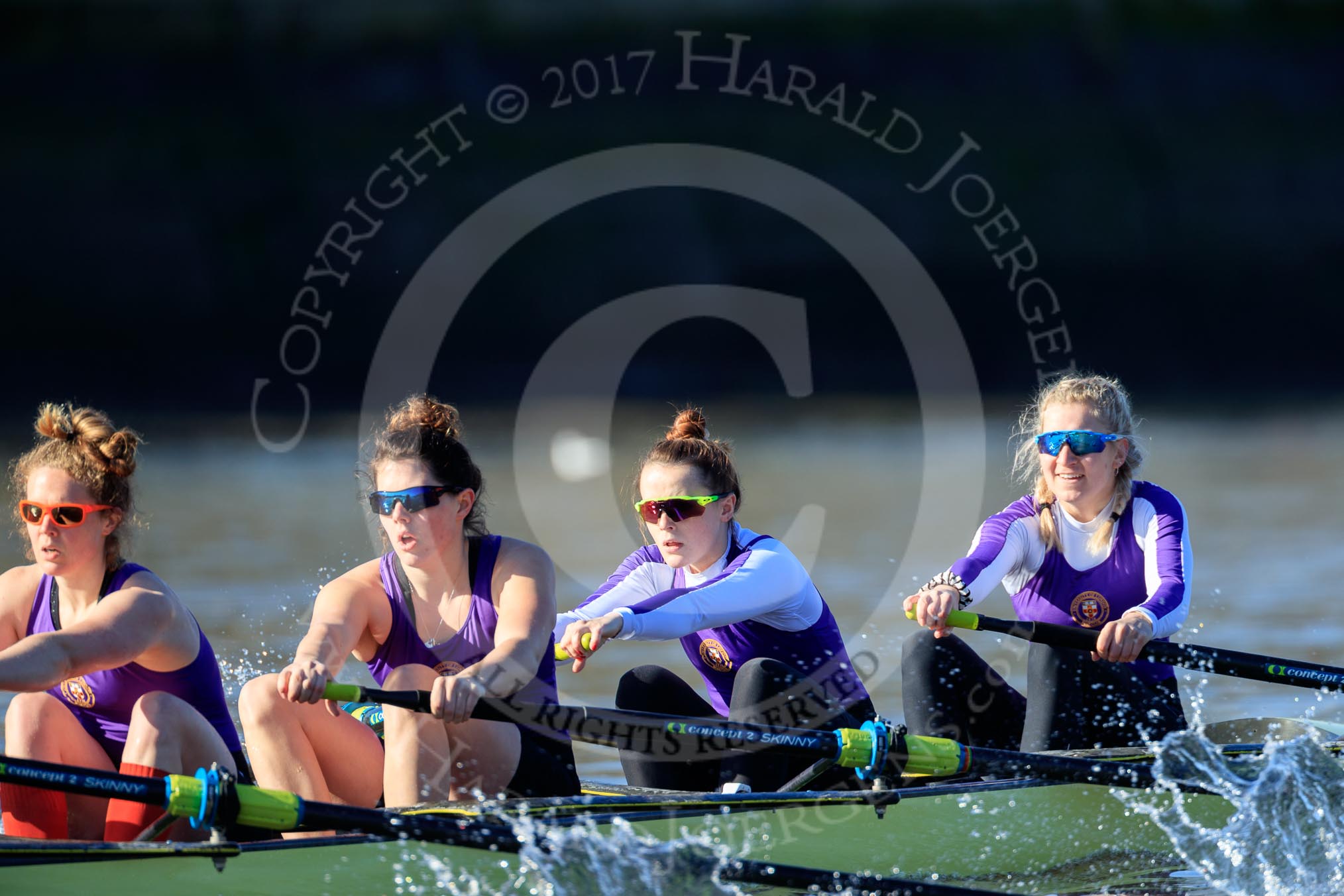 The Women's Boat Race season 2018 - fixture CUWBC vs. ULBC: ULBC working hard to catch up, here  4 Katherine Barnhill, 3 Fionnuala Gannon, 2 Robyn Hart-Winks, bow Ally French.
River Thames between Putney Bridge and Mortlake,
London SW15,

United Kingdom,
on 17 February 2018 at 13:11, image #61