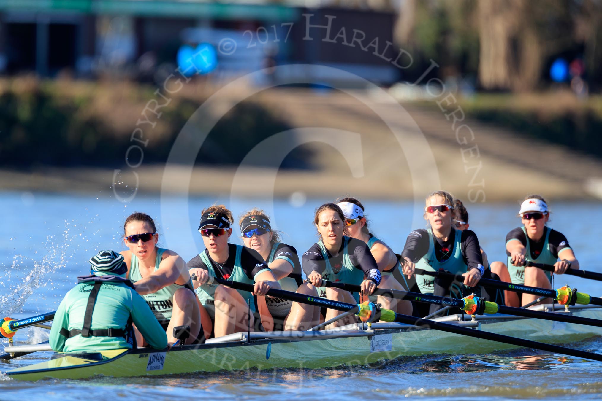 The Women's Boat Race season 2018 - fixture CUWBC vs. ULBC: CUWBC extending their lead near the Putney boat houses - cox Sophie Shapter, stroke Tricia Smith, 7 Imogen Grant, 6 Anne Beenken, 5 Thea Zabell, 4 Paula Wesselmann, 3 Alice White, 2 Myriam Goudet-Boukhatmi, bow Olivia Coffey.
River Thames between Putney Bridge and Mortlake,
London SW15,

United Kingdom,
on 17 February 2018 at 13:11, image #63