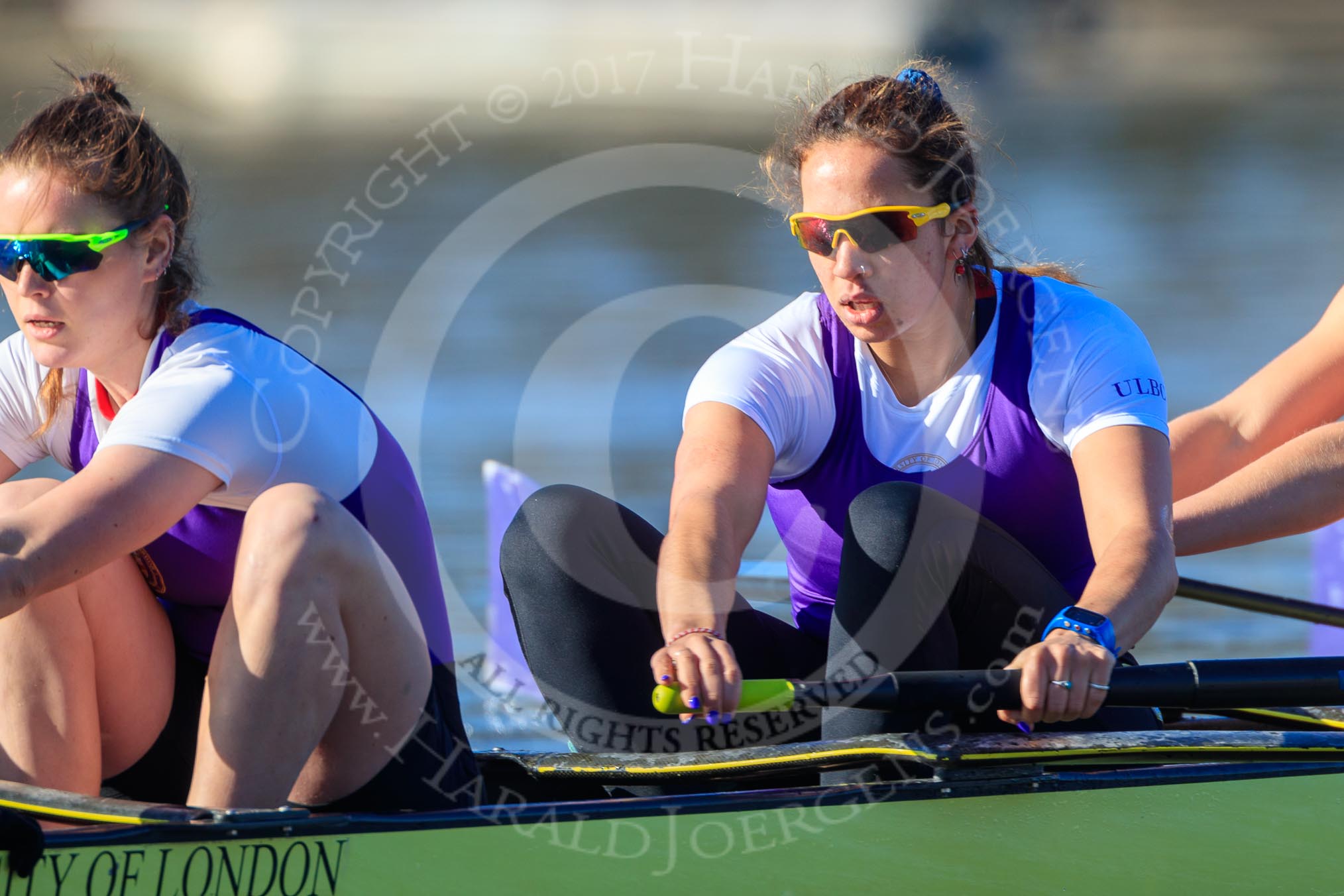 The Women's Boat Race season 2018 - fixture CUWBC vs. ULBC: The ULBC Eight, here stroke Issy Powel, 7 Jordan Cole-Huissan.
River Thames between Putney Bridge and Mortlake,
London SW15,

United Kingdom,
on 17 February 2018 at 13:12, image #69