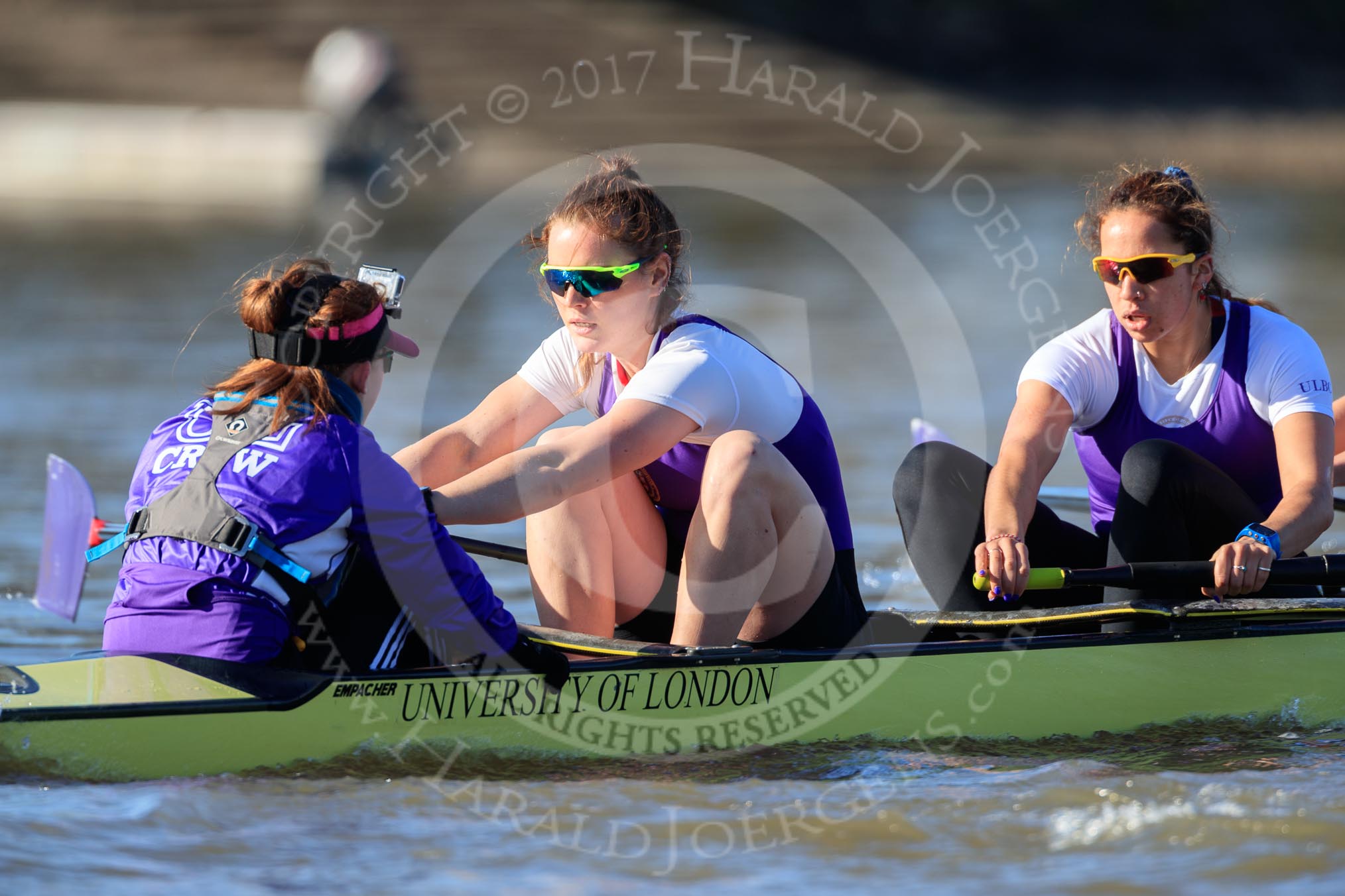 The Women's Boat Race season 2018 - fixture CUWBC vs. ULBC: The ULBC Eight, here cox Lauren Holland, with stroke Issy Powel, 7 Jordan Cole-Huissan.
River Thames between Putney Bridge and Mortlake,
London SW15,

United Kingdom,
on 17 February 2018 at 13:12, image #70
