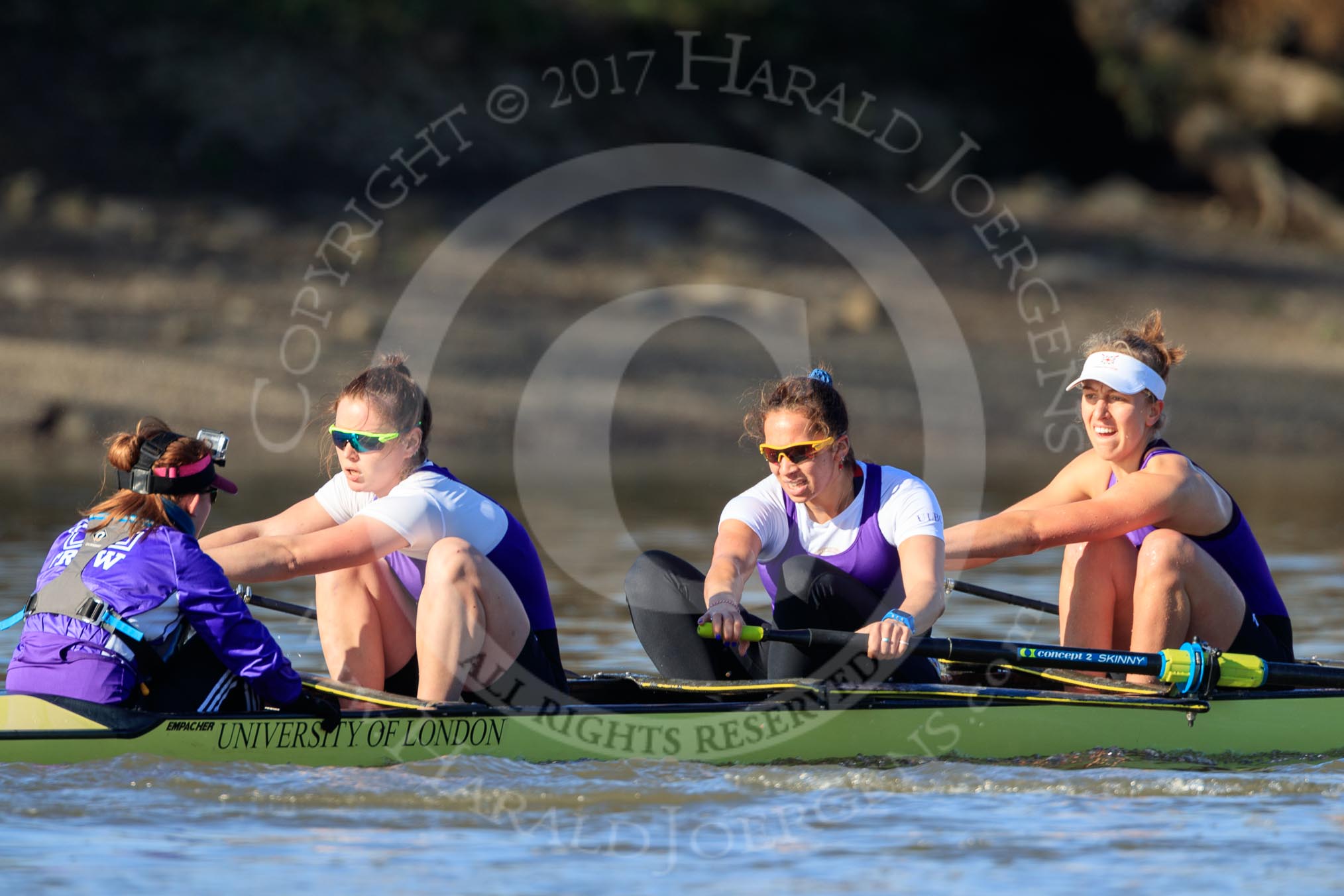 The Women's Boat Race season 2018 - fixture CUWBC vs. ULBC: The ULBC Eight, here cox Lauren Holland, stroke Issy Powel, 7 Jordan Cole-Huissan, 6 Oonagh Cousins.
River Thames between Putney Bridge and Mortlake,
London SW15,

United Kingdom,
on 17 February 2018 at 13:14, image #79