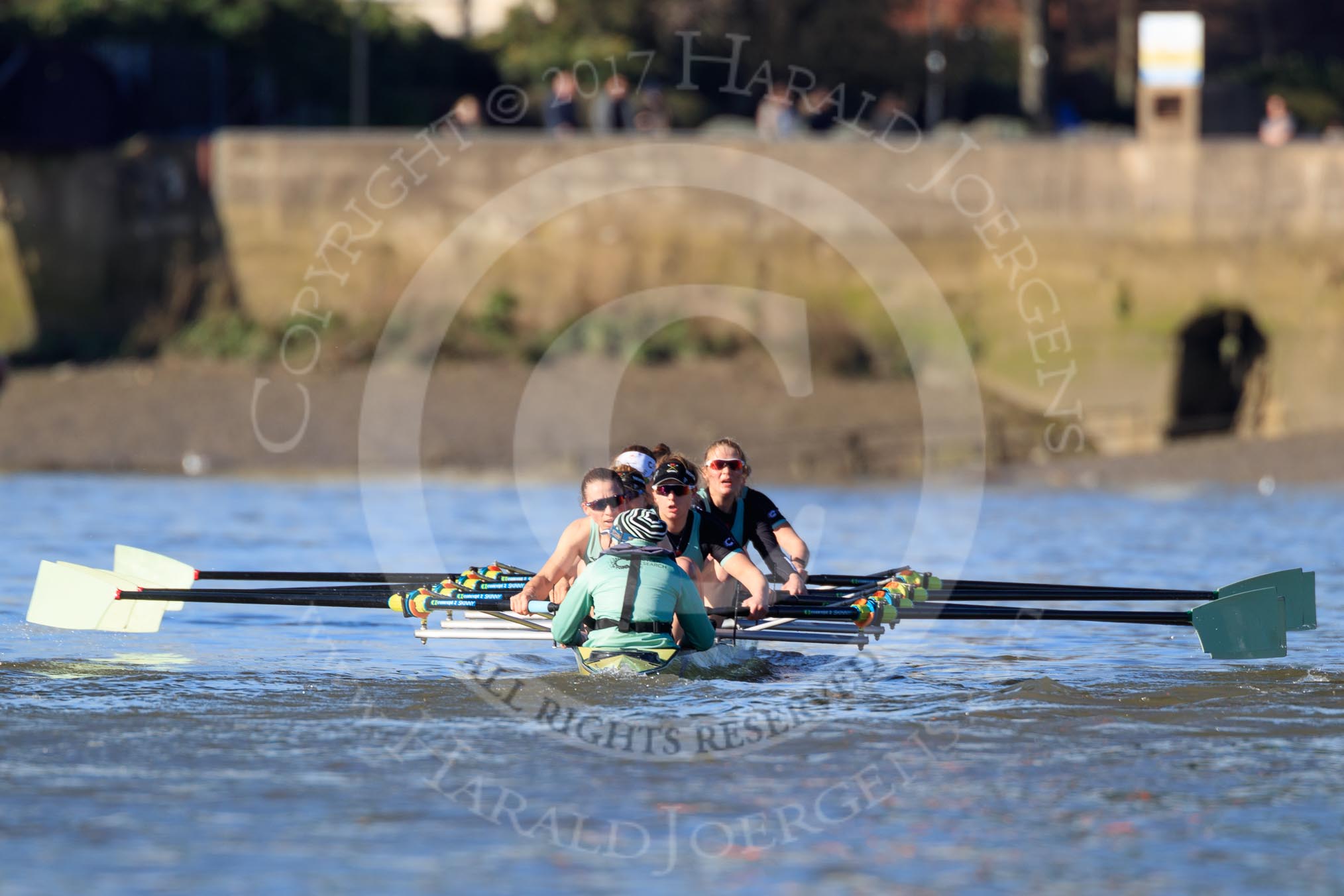 The Women's Boat Race season 2018 - fixture CUWBC vs. ULBC: The CUWBC Eight near Hammersmith Bridge - cox Sophie Shapter, stroke Tricia Smith, 7 Imogen Grant, 6 Anne Beenken, 5 Thea Zabell, 4 Paula Wesselmann, 3 Alice White, 2 Myriam Goudet-Boukhatmi, bow Olivia Coffey.
River Thames between Putney Bridge and Mortlake,
London SW15,

United Kingdom,
on 17 February 2018 at 13:17, image #91