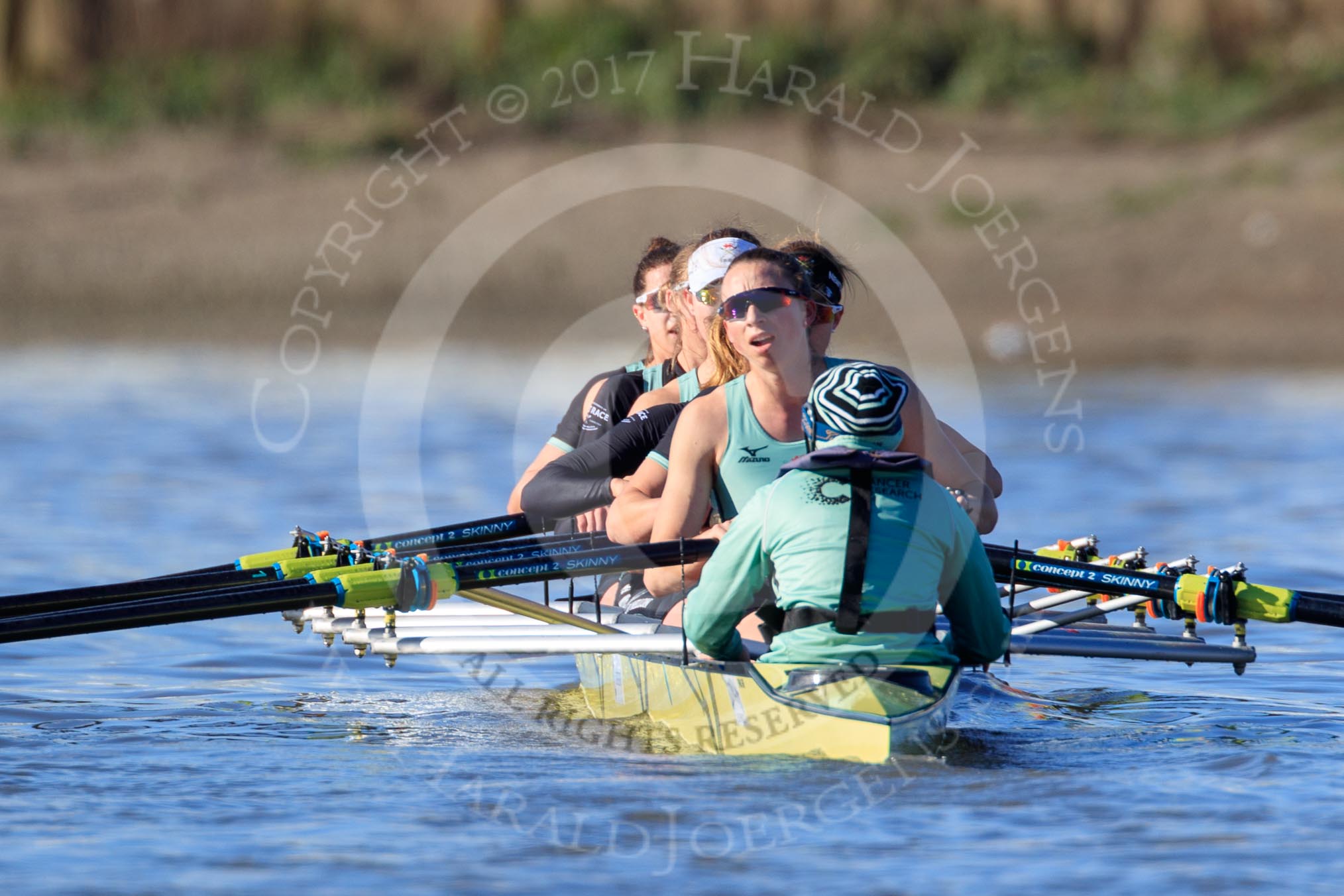 The Women's Boat Race season 2018 - fixture CUWBC vs. ULBC: The CUWBC Eight after winning the first part of the race at Hammersmith Bridge - cox Sophie Shapter, stroke Tricia Smith, 7 Imogen Grant, 6 Anne Beenken, 5 Thea Zabell, 4 Paula Wesselmann, 3 Alice White, 2 Myriam Goudet-Boukhatmi, bow Olivia Coffey.
River Thames between Putney Bridge and Mortlake,
London SW15,

United Kingdom,
on 17 February 2018 at 13:18, image #93