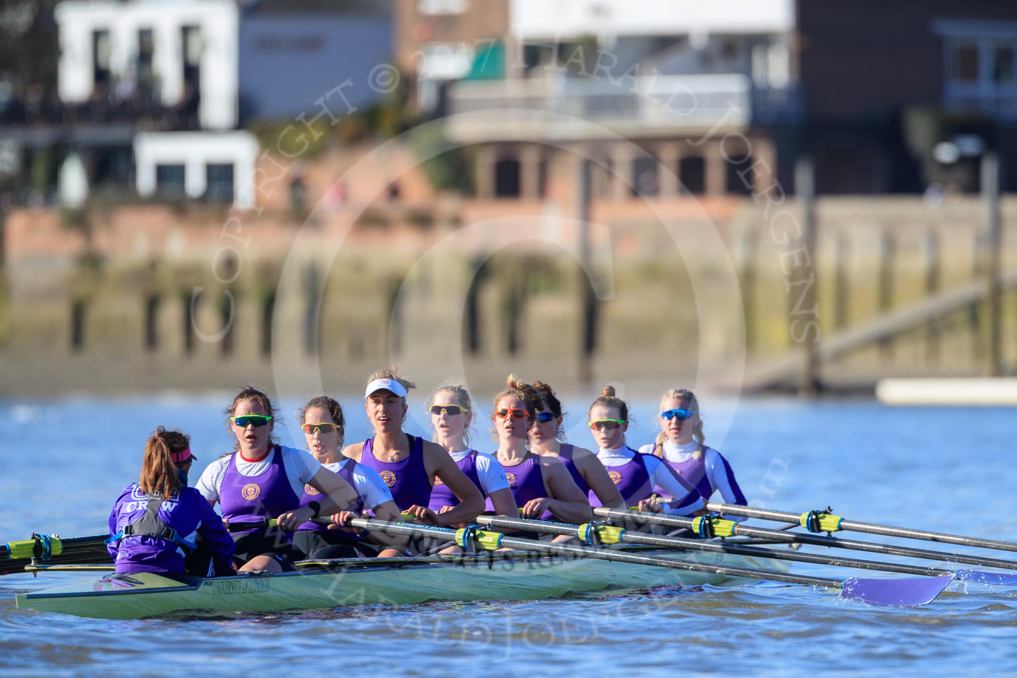 The Women's Boat Race season 2018 - fixture CUWBC vs. ULBC: The ULBC Eight after finishing the first part of the race at Hammersmith Bridge - cox Lauren Holland, stroke Issy Powel, 7 Jordan Cole-Huissan, 6 Oonagh Cousins, 5 Hannah Roberts, 4 Katherine Barnhill, 3 Fionnuala Gannon, 2 Robyn Hart-Winks, bow Ally French.
River Thames between Putney Bridge and Mortlake,
London SW15,

United Kingdom,
on 17 February 2018 at 13:18, image #95