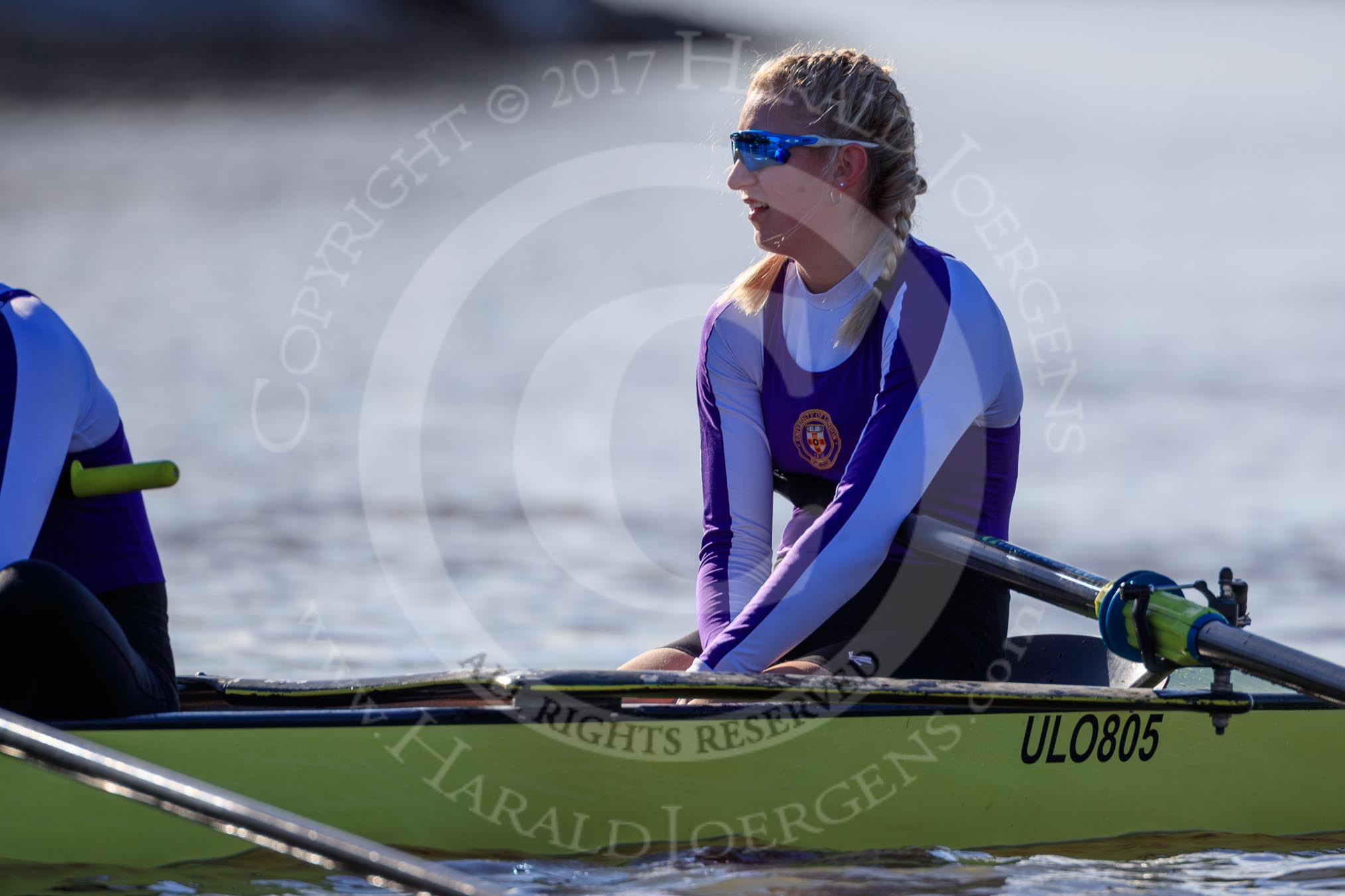 The Women's Boat Race season 2018 - fixture CUWBC vs. ULBC: ULBC cox Ally French resting after the first part of the race.
River Thames between Putney Bridge and Mortlake,
London SW15,

United Kingdom,
on 17 February 2018 at 13:20, image #96