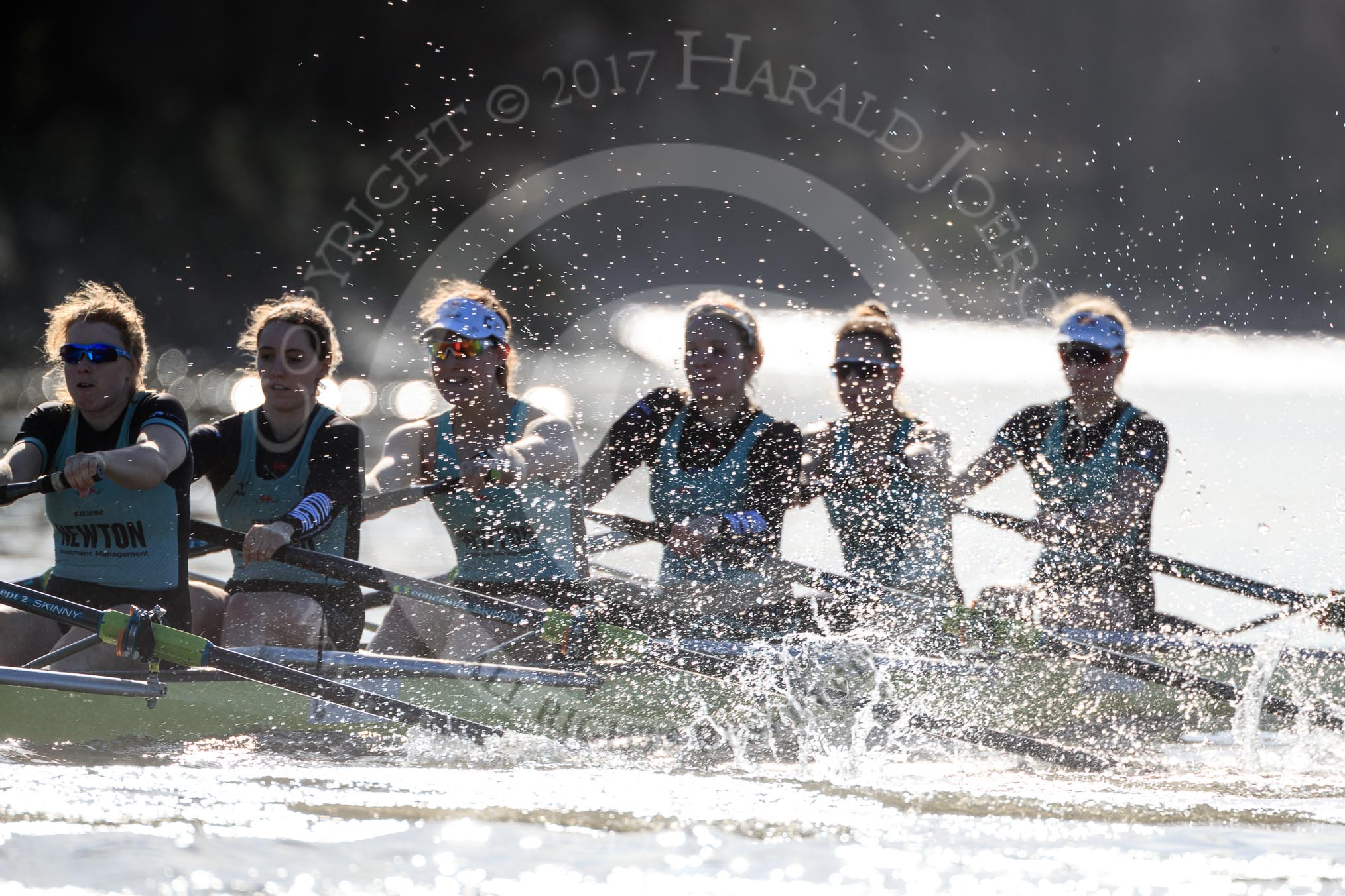 The Women's Boat Race season 2018 - fixture CUWBC vs. ULBC: The start to the second part of the race, here the CUWBC Eight with 6 Anne Beenken, 5 Thea Zabell, 4 Paula Wesselmann, 3 Alice White, 2 Myriam Goudet-Boukhatmi, bow Olivia Coffey.
River Thames between Putney Bridge and Mortlake,
London SW15,

United Kingdom,
on 17 February 2018 at 13:27, image #105