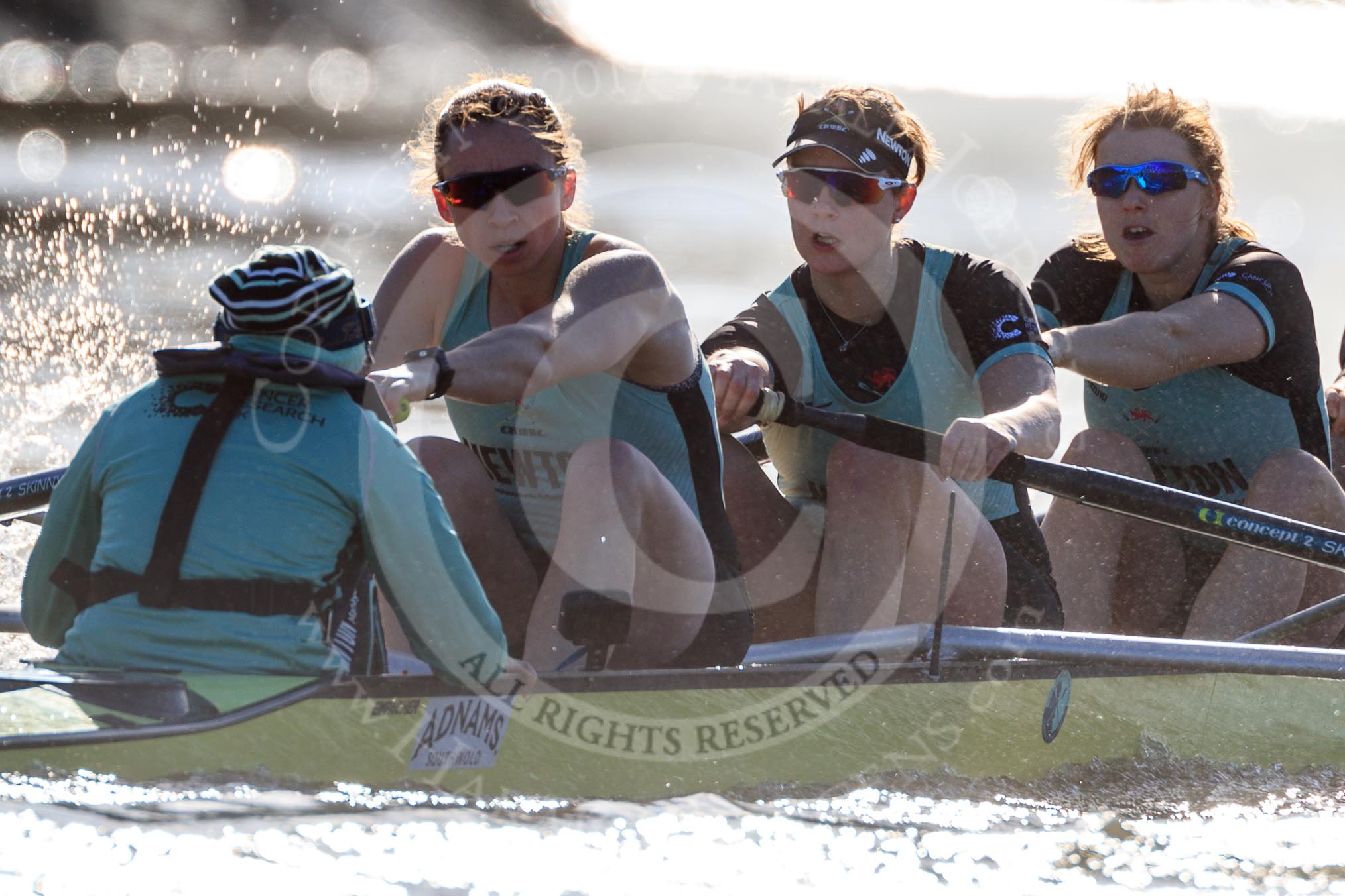 The Women's Boat Race season 2018 - fixture CUWBC vs. ULBC: The start to the second part of the race, here the CUWBC Eight with cox Sophie Shapter, stroke Tricia Smith, 7 Imogen Grant, 6 Anne Beenken.
River Thames between Putney Bridge and Mortlake,
London SW15,

United Kingdom,
on 17 February 2018 at 13:27, image #108