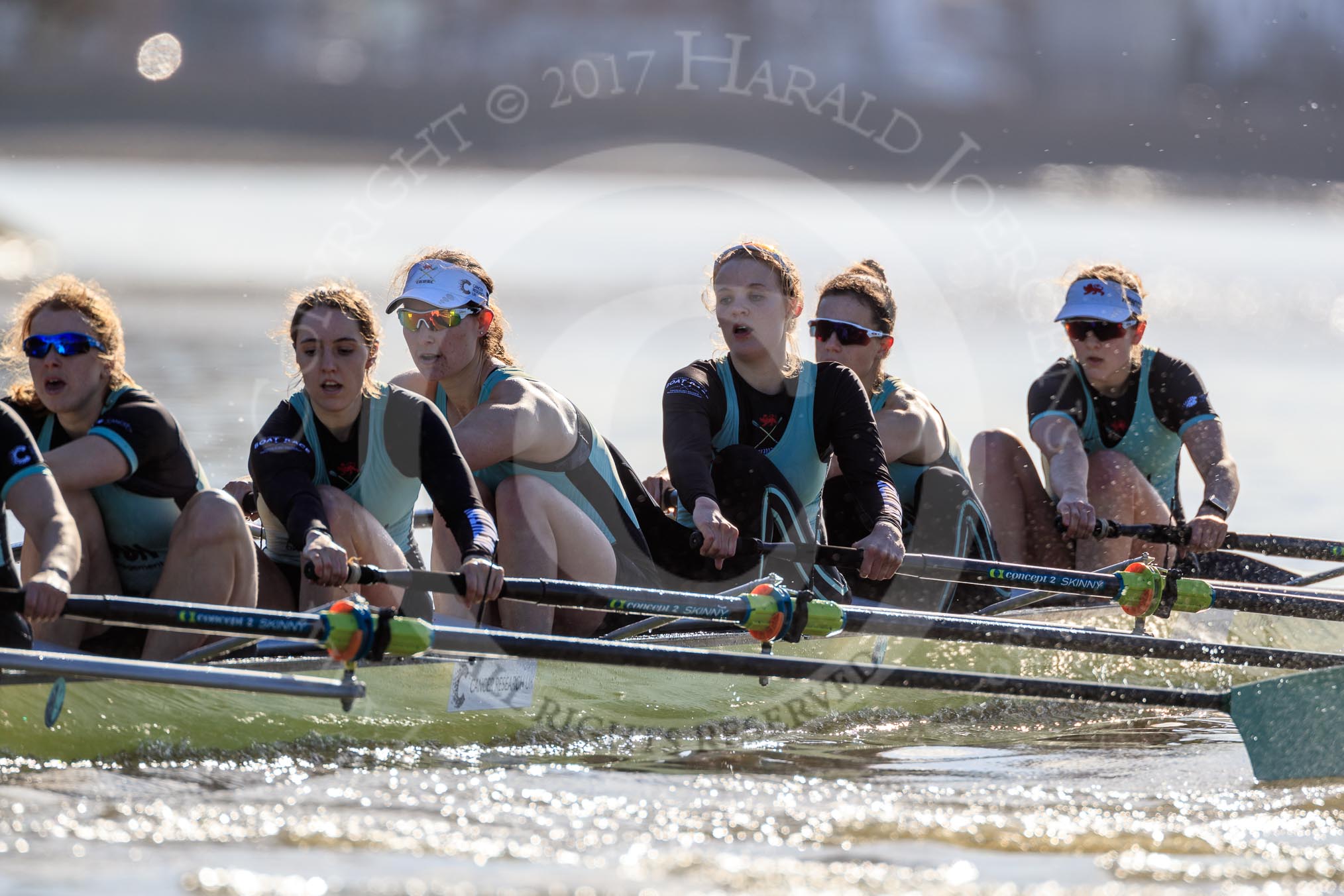 The Women's Boat Race season 2018 - fixture CUWBC vs. ULBC: The OUWBC Eight, here 6 Anne Beenken, 5 Thea Zabell, 4 Paula Wesselmann, 3 Alice White, 2 Myriam Goudet-Boukhatmi, bow Olivia Coffey.
River Thames between Putney Bridge and Mortlake,
London SW15,

United Kingdom,
on 17 February 2018 at 13:27, image #112