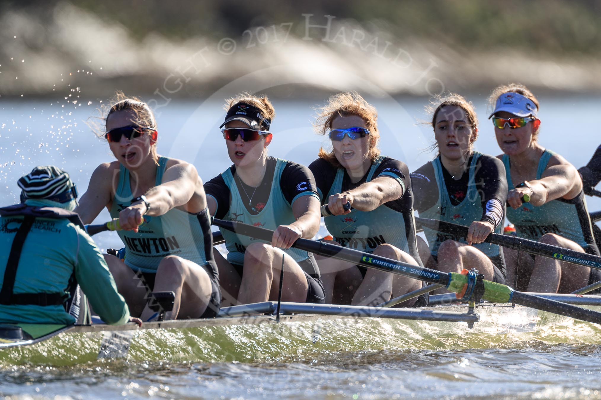 The Women's Boat Race season 2018 - fixture CUWBC vs. ULBC: The  CUWBC Eight, here cox Sophie Shapter, stroke Tricia Smith, 7 Imogen Grant, 6 Anne Beenken, 5 Thea Zabell, 4 Paula Wesselmann.
River Thames between Putney Bridge and Mortlake,
London SW15,

United Kingdom,
on 17 February 2018 at 13:28, image #119