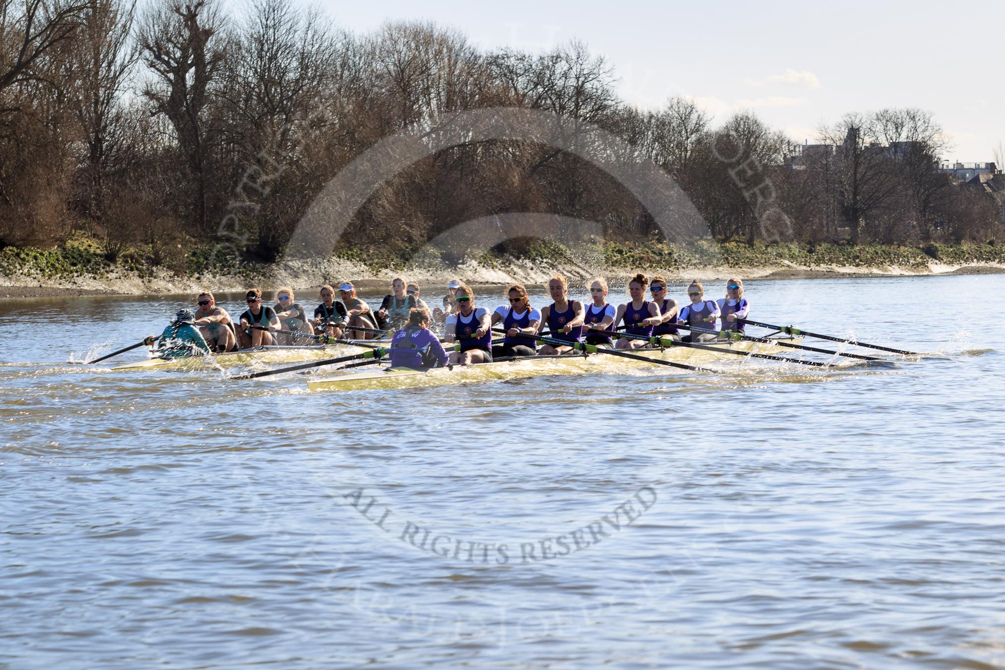 The Women's Boat Race season 2018 - fixture CUWBC vs. ULBC: OUWBC and ULBC during the early phase of the second race.
River Thames between Putney Bridge and Mortlake,
London SW15,

United Kingdom,
on 17 February 2018 at 13:28, image #121