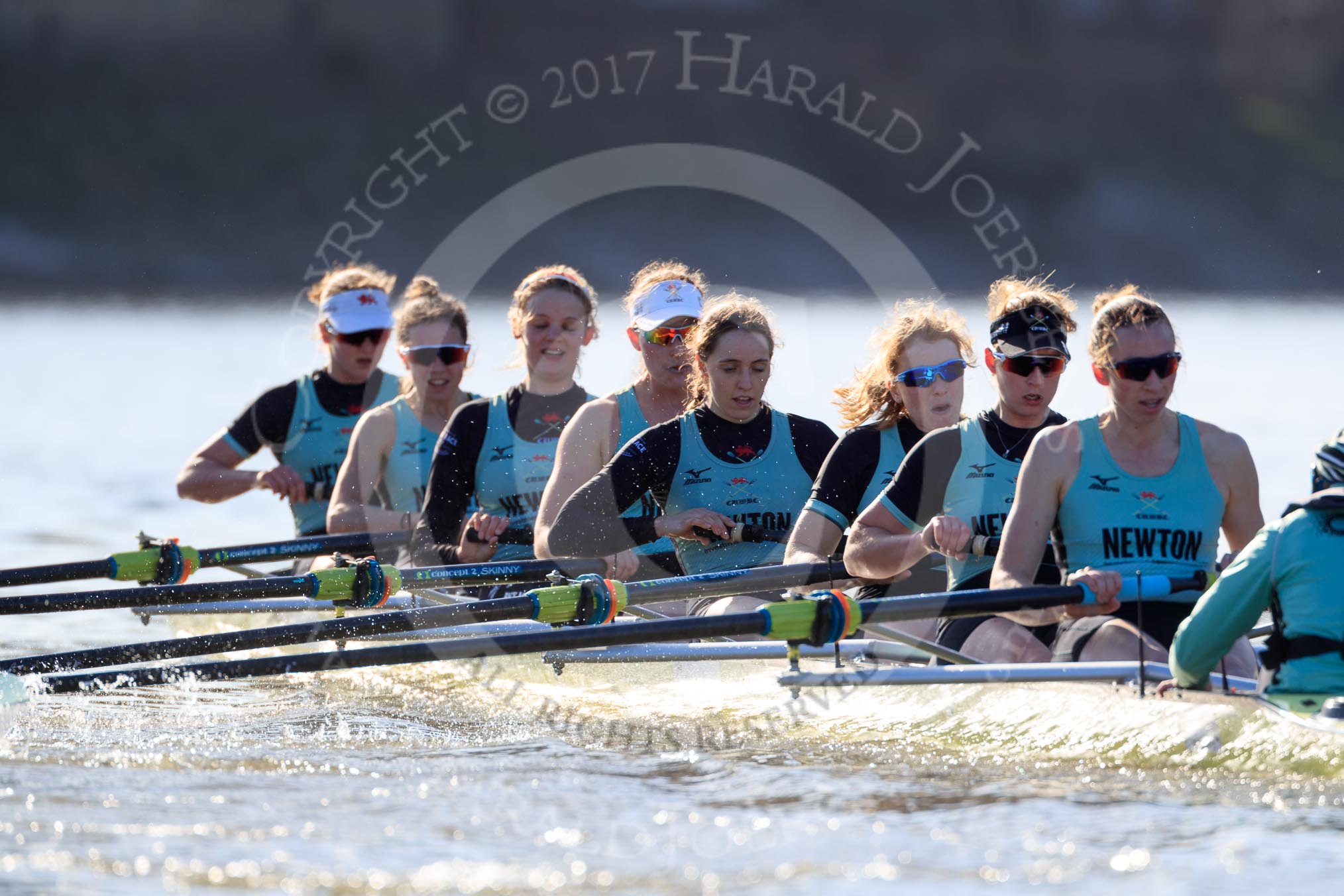 The Women's Boat Race season 2018 - fixture CUWBC vs. ULBC: The CUWBC Eight - here bow Ally French, 2 Robyn Hart-Winks, 3 Fionnuala Gannon, 4 Katherine Barnhill, 5 Hannah Roberts, 6 Oonagh Cousins, 7 Imogen Grant, stroke Tricia Smith, cox Sophie Shapter.
River Thames between Putney Bridge and Mortlake,
London SW15,

United Kingdom,
on 17 February 2018 at 13:31, image #143