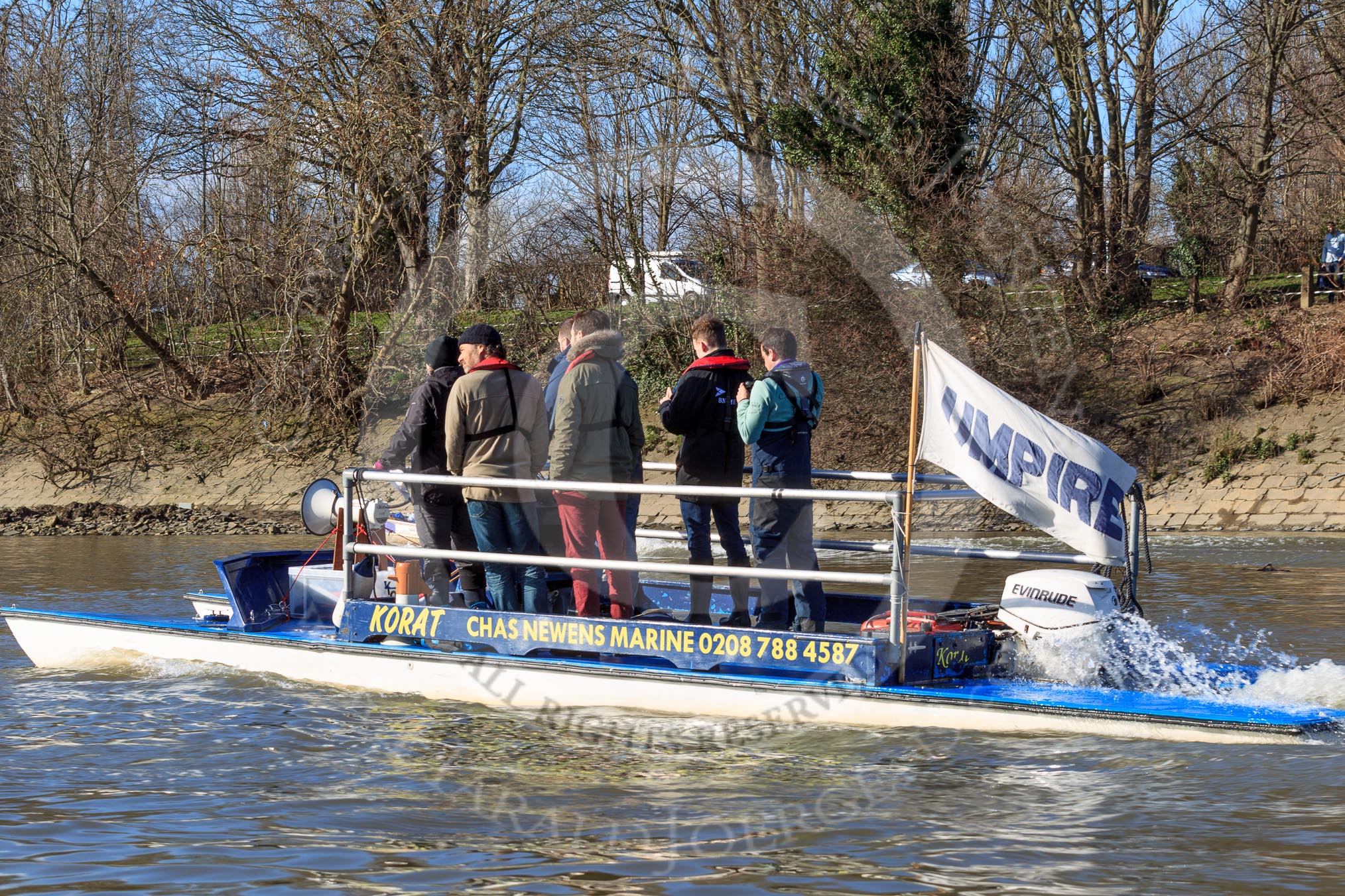 The Women's Boat Race season 2018 - fixture CUWBC vs. ULBC: Race umpire Judith Packer (in front).
River Thames between Putney Bridge and Mortlake,
London SW15,

United Kingdom,
on 17 February 2018 at 13:32, image #150