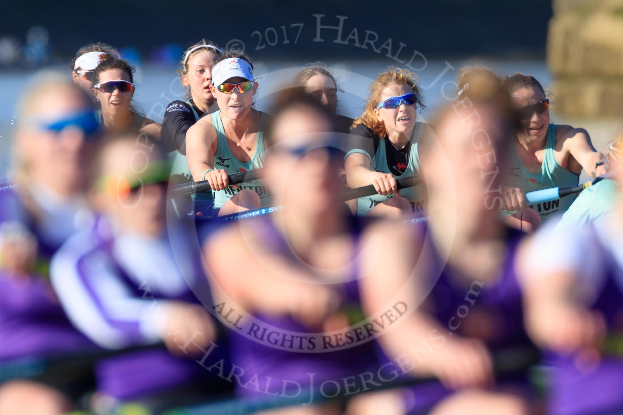 Photo 1802171334591X23027HaraldJoergens The Women's Boat Race season 2018 - fixture CUWBC vs. ULBC: ULBC and CUWBC - here, in the Cambridge boat, bow Olivia Coffey, 2 Myriam Goudet-Boukhatmi, 3 Alice White, 4 Paula Wesselmann, 5 Thea Zabell, 6 Anne Beenken, 7 Imogen Grant, stroke Tricia Smith, cox Sophie Shapter.
River Thames between Putney Bridge and Mortlake,
London SW15,
United Kingdom,
on 17 February 2018 at 13:34, image #163