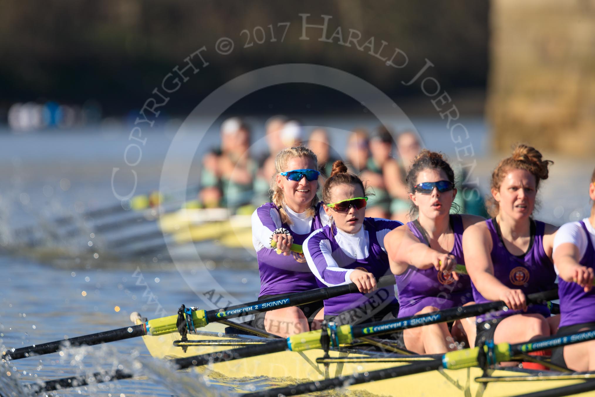 The Women's Boat Race season 2018 - fixture CUWBC vs. ULBC: ULBC and CUWBC - here, in the London boat, bow Ally French, 2 Robyn Hart-Winks, 3 Fionnuala Gannon, 4 Katherine Barnhill.
River Thames between Putney Bridge and Mortlake,
London SW15,

United Kingdom,
on 17 February 2018 at 13:35, image #164