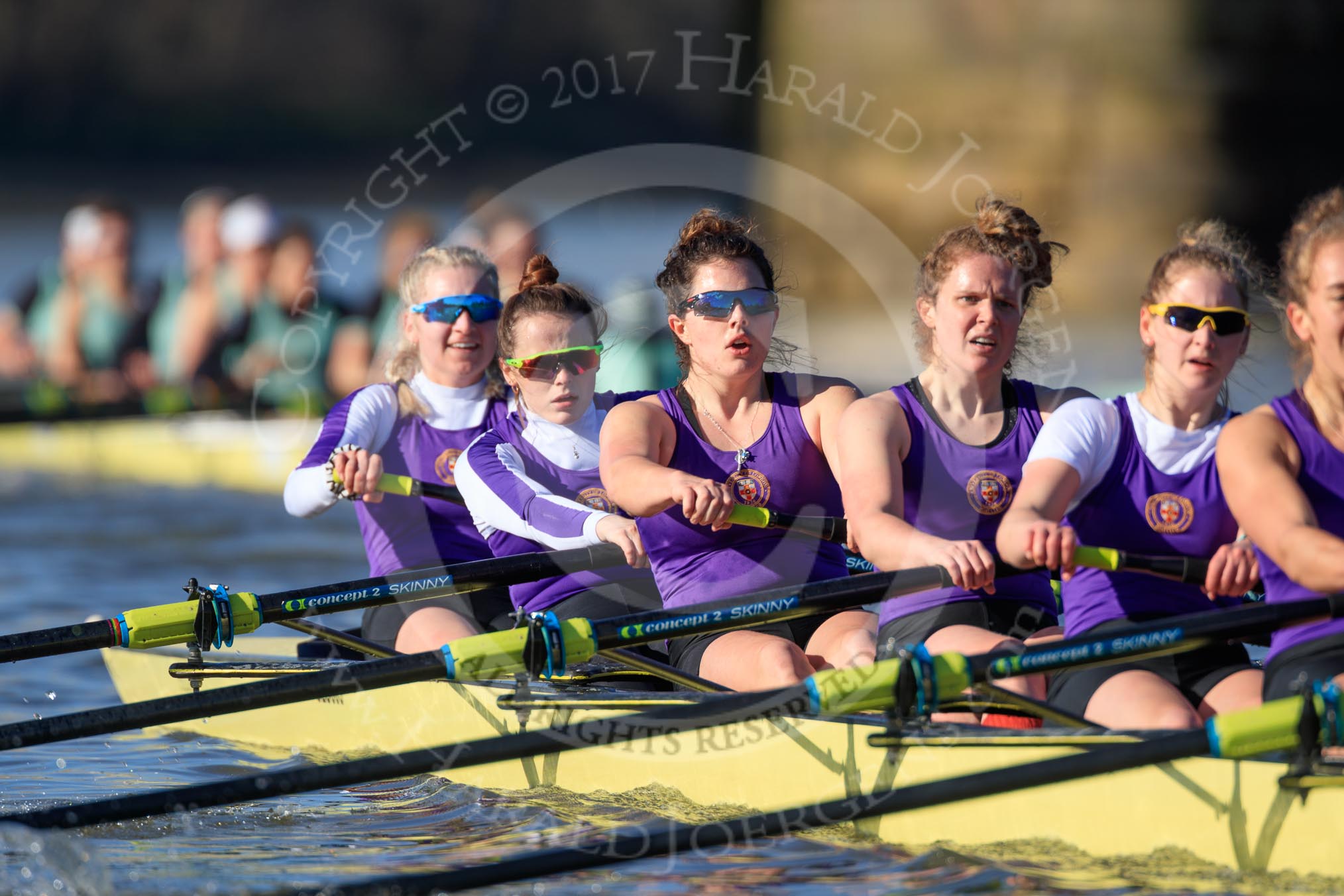 The Women's Boat Race season 2018 - fixture CUWBC vs. ULBC: ULBC and CUWBC - here, in the London boat, bow Ally French, 2 Robyn Hart-Winks, 3 Fionnuala Gannon, 4 Katherine Barnhill, 5 Hannah Roberts, 6 Oonagh Cousins.
River Thames between Putney Bridge and Mortlake,
London SW15,

United Kingdom,
on 17 February 2018 at 13:35, image #167
