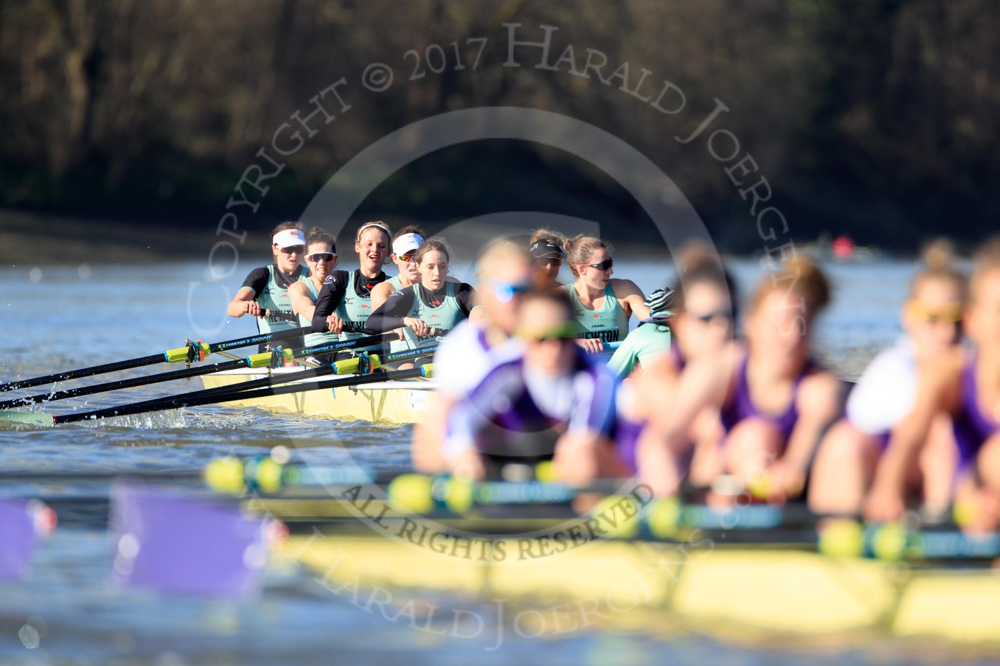 The Women's Boat Race season 2018 - fixture CUWBC vs. ULBC: ULBC and CUWBC - here, in the Cambridge  boat, bow Olivia Coffey, 2 Myriam Goudet-Boukhatmi, 3 Alice White, 4 Paula Wesselmann, 5 Thea Zabell, 6 Anne Beenken, 7 Imogen Grant, stroke Tricia Smith, cox Sophie Shapter.
River Thames between Putney Bridge and Mortlake,
London SW15,

United Kingdom,
on 17 February 2018 at 13:35, image #168