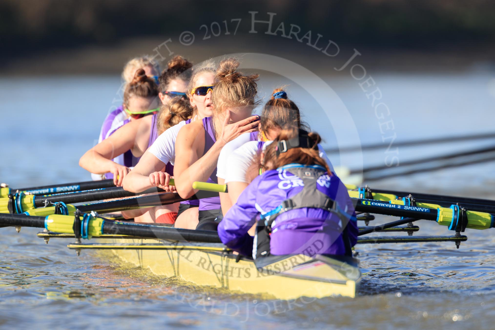 The Women's Boat Race season 2018 - fixture CUWBC vs. ULBC: ULBC, having crossed the finish line in second place again, bow Ally French, 2 Robyn Hart-Winks, 3 Fionnuala Gannon, 4 Katherine Barnhill, 5 Hannah Roberts, 6 Oonagh Cousins, 7 Jordan Cole-Huissan, stroke Issy Powel, cox Lauren Holland.
River Thames between Putney Bridge and Mortlake,
London SW15,

United Kingdom,
on 17 February 2018 at 13:35, image #172