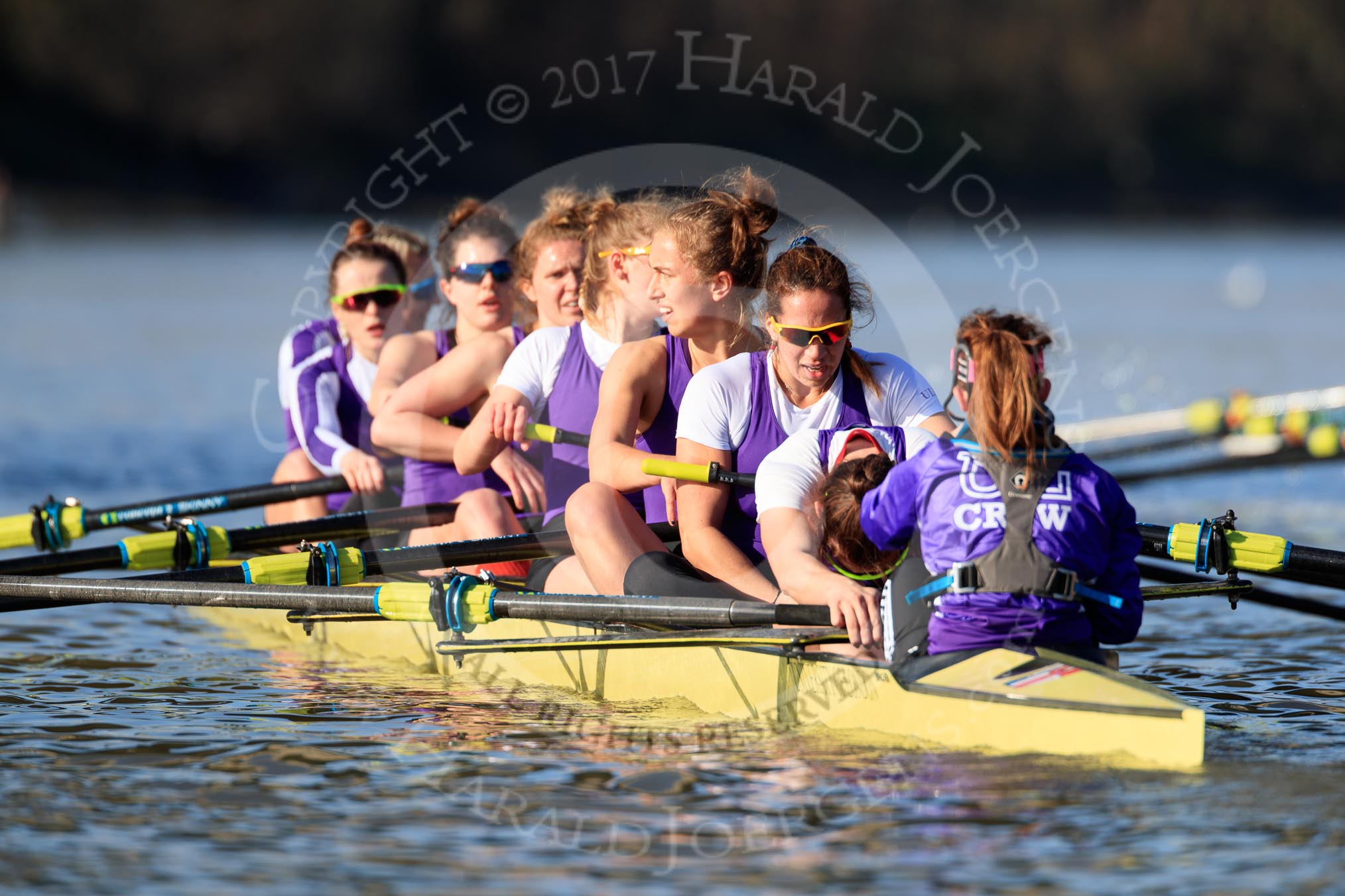 The Women's Boat Race season 2018 - fixture CUWBC vs. ULBC: ULBC, having crossed the finish line in second place again, bow Ally French, 2 Robyn Hart-Winks, 3 Fionnuala Gannon, 4 Katherine Barnhill, 5 Hannah Roberts, 6 Oonagh Cousins, 7 Jordan Cole-Huissan, stroke Issy Powel, cox Lauren Holland.
River Thames between Putney Bridge and Mortlake,
London SW15,

United Kingdom,
on 17 February 2018 at 13:35, image #174