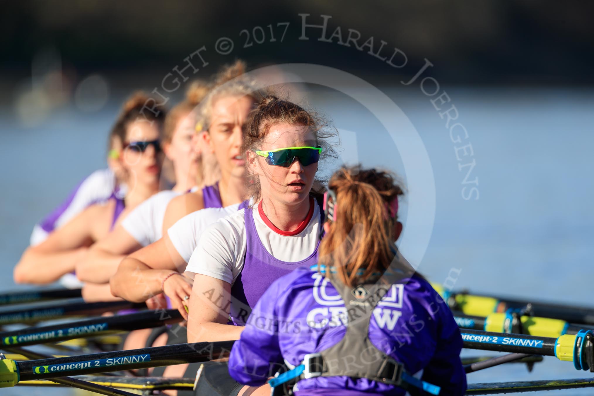 The Women's Boat Race season 2018 - fixture CUWBC vs. ULBC: ULBC, having crossed the finish line in second place again, bow Ally French, 2 Robyn Hart-Winks, 3 Fionnuala Gannon, 4 Katherine Barnhill, 5 Hannah Roberts, 6 Oonagh Cousins, 7 Jordan Cole-Huissan, stroke Issy Powel, cox Lauren Holland.
River Thames between Putney Bridge and Mortlake,
London SW15,

United Kingdom,
on 17 February 2018 at 13:36, image #177