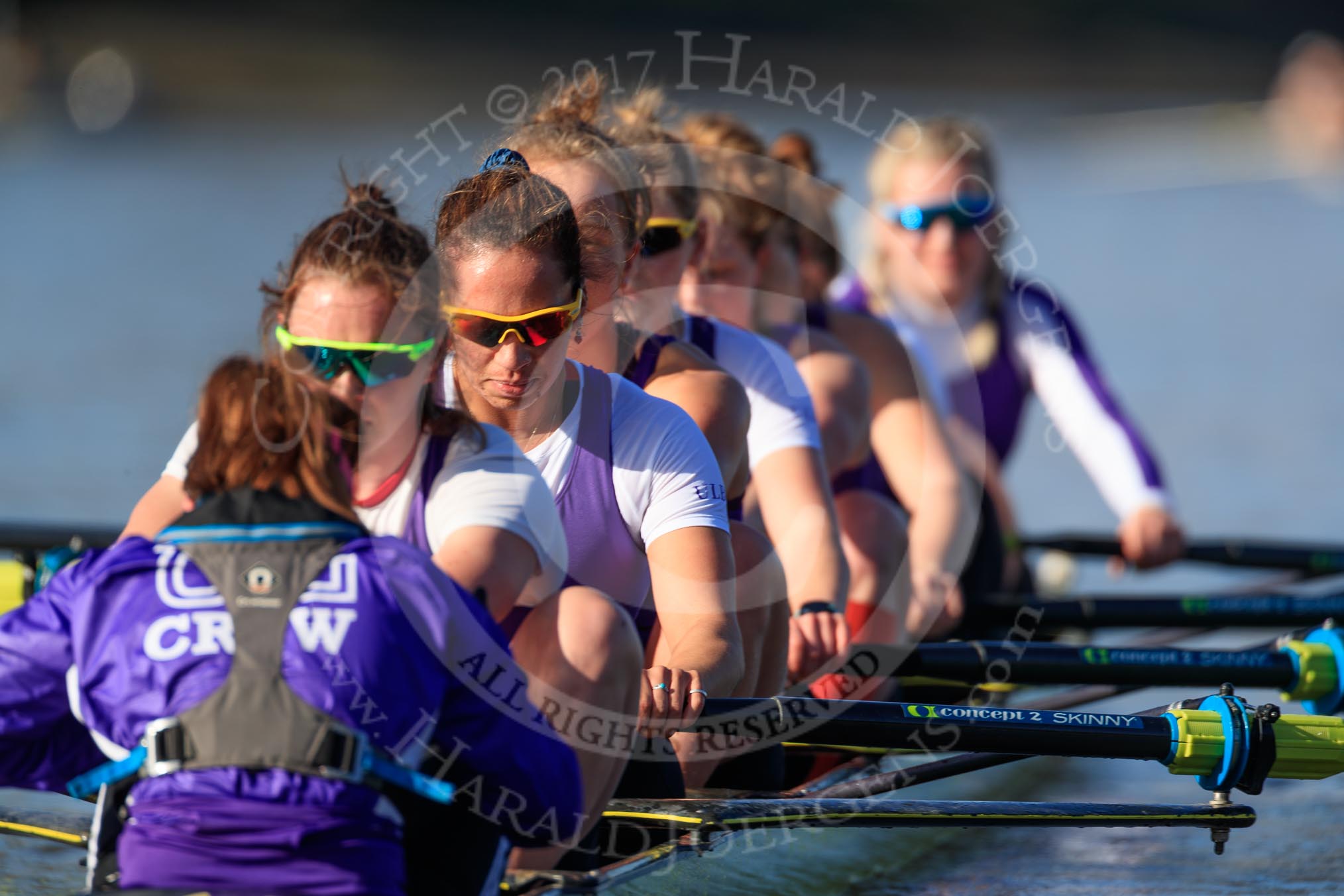 The Women's Boat Race season 2018 - fixture CUWBC vs. ULBC: ULBC, having crossed the finish line in second place again, bow Ally French, 2 Robyn Hart-Winks, 3 Fionnuala Gannon, 4 Katherine Barnhill, 5 Hannah Roberts, 6 Oonagh Cousins, 7 Jordan Cole-Huissan, stroke Issy Powel, cox Lauren Holland.
River Thames between Putney Bridge and Mortlake,
London SW15,

United Kingdom,
on 17 February 2018 at 13:36, image #178