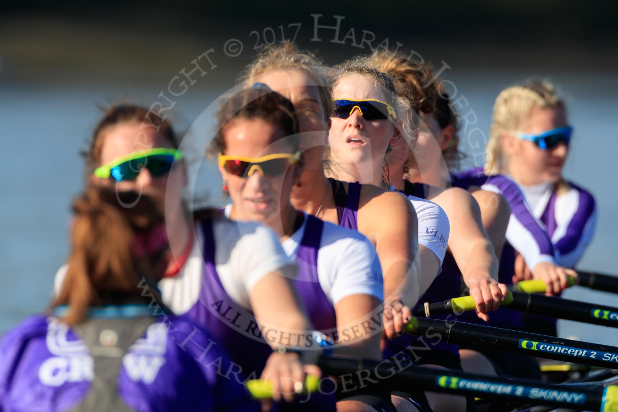 The Women's Boat Race season 2018 - fixture CUWBC vs. ULBC: ULBC, having crossed the finish line in second place again, bow Ally French, 2 Robyn Hart-Winks, 3 Fionnuala Gannon, 4 Katherine Barnhill, 5 Hannah Roberts, 6 Oonagh Cousins, 7 Jordan Cole-Huissan, stroke Issy Powel, cox Lauren Holland.
River Thames between Putney Bridge and Mortlake,
London SW15,

United Kingdom,
on 17 February 2018 at 13:36, image #179