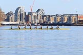 The Women's Boat Race season 2018 - fixture CUWBC vs. ULBC: CUWBC on the Wandworth side of Putney Bridge before the race - cox Sophie Shapter, stroke Tricia Smith, 7 Imogen Grant, 6 Anne Beenken, 5 Thea Zabell, 4 Paula Wesselmann, 3 Alice White, 2 Myriam Goudet-Boukhatmi, bow Olivia Coffey.
River Thames between Putney Bridge and Mortlake,
London SW15,

United Kingdom,
on 17 February 2018 at 13:01, image #26