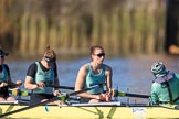 The Women's Boat Race season 2018 - fixture CUWBC vs. ULBC: CUWBC getting ready for the race - 6 Anne Beenken, 7 Imogen Grant, stroke Tricia Smith, cox Sophie Shapter.
River Thames between Putney Bridge and Mortlake,
London SW15,

United Kingdom,
on 17 February 2018 at 13:06, image #31