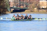 The Women's Boat Race season 2018 - fixture CUWBC vs. ULBC: The CUWBC Eight in the lead near Harrords Depository, approaching Hammersmith Bridge - cox Sophie Shapter, stroke Tricia Smith, 7 Imogen Grant, 6 Anne Beenken, 5 Thea Zabell, 4 Paula Wesselmann, 3 Alice White, 2 Myriam Goudet-Boukhatmi, bow Olivia Coffey.
River Thames between Putney Bridge and Mortlake,
London SW15,

United Kingdom,
on 17 February 2018 at 13:14, image #80