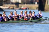 The Women's Boat Race season 2018 - fixture CUWBC vs. ULBC: The ULBC Eight near Hammersmith Bridge - cox Lauren Holland, stroke Issy Powel, 7 Jordan Cole-Huissan, 6 Oonagh Cousins, 5 Hannah Roberts, 4 Katherine Barnhill, 3 Fionnuala Gannon, 2 Robyn Hart-Winks, bow Ally French.
River Thames between Putney Bridge and Mortlake,
London SW15,

United Kingdom,
on 17 February 2018 at 13:16, image #88