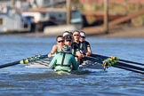 The Women's Boat Race season 2018 - fixture CUWBC vs. ULBC: The CUWBC Eight near Hammersmith Bridge - cox Sophie Shapter, stroke Tricia Smith, 7 Imogen Grant, 6 Anne Beenken, 5 Thea Zabell, 4 Paula Wesselmann, 3 Alice White, 2 Myriam Goudet-Boukhatmi, bow Olivia Coffey.
River Thames between Putney Bridge and Mortlake,
London SW15,

United Kingdom,
on 17 February 2018 at 13:16, image #89