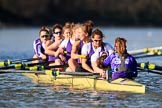 The Women's Boat Race season 2018 - fixture CUWBC vs. ULBC: ULBC, having crossed the finish line in second place again, bow Ally French, 2 Robyn Hart-Winks, 3 Fionnuala Gannon, 4 Katherine Barnhill, 5 Hannah Roberts, 6 Oonagh Cousins, 7 Jordan Cole-Huissan, stroke Issy Powel, cox Lauren Holland.
River Thames between Putney Bridge and Mortlake,
London SW15,

United Kingdom,
on 17 February 2018 at 13:35, image #174