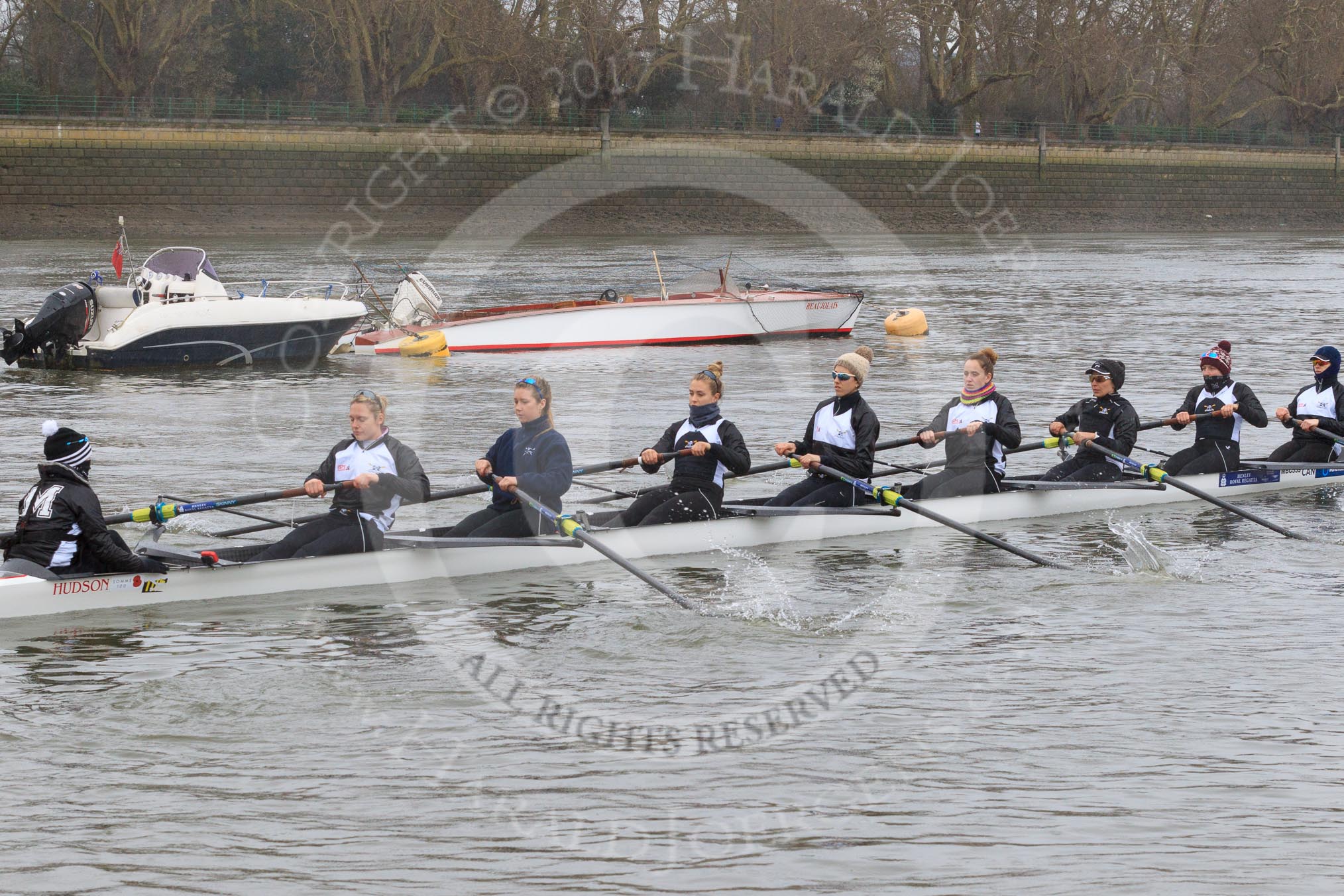 The Women's Boat Race season 2018 - fixture OUWBC vs. Molesey BC: The Molesey boat with cox Ella Taylor, stroke Katie Bartlett, 7 Emma McDonald, 6 Molly Harding, 5 Ruth Whyman, 4 Claire McKeown, 3 Gabby Rodriguez, 2 Lucy Primmer, bow Emma Boyns.
River Thames between Putney Bridge and Mortlake,
London SW15,

United Kingdom,
on 04 March 2018 at 13:11, image #30