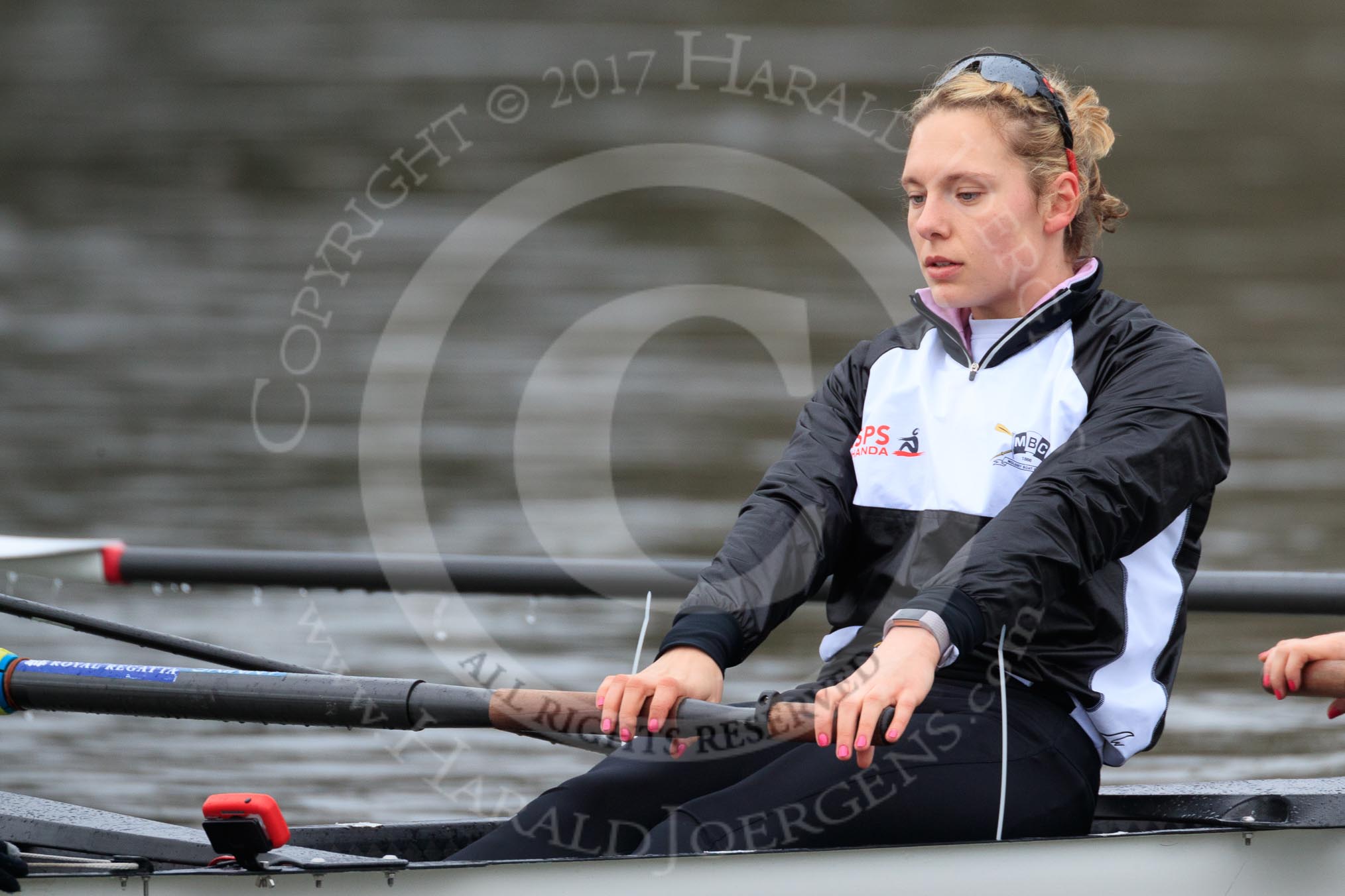 The Women's Boat Race season 2018 - fixture OUWBC vs. Molesey BC: Molesey stroke Katie Bartlett.
River Thames between Putney Bridge and Mortlake,
London SW15,

United Kingdom,
on 04 March 2018 at 13:34, image #36