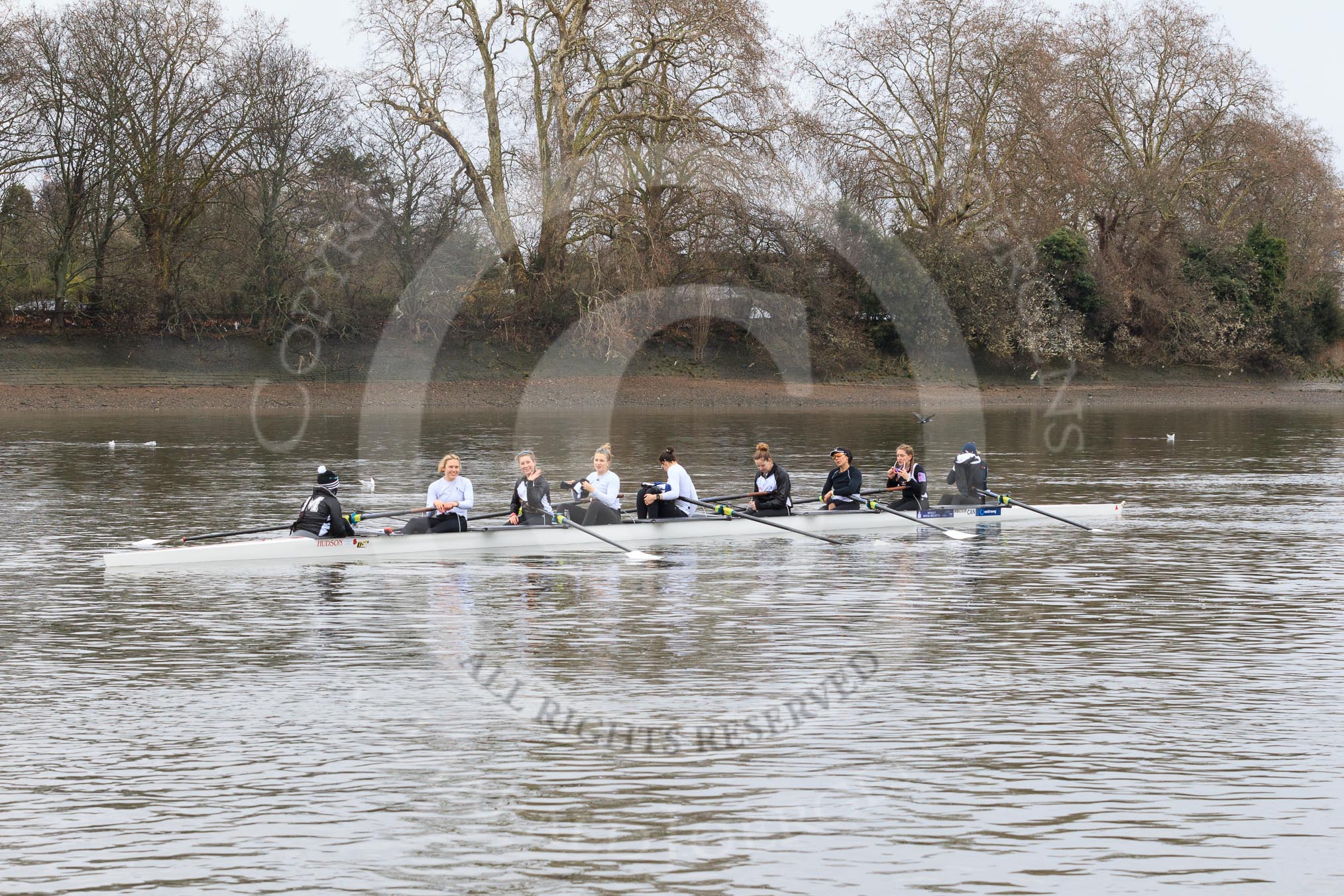 The Women's Boat Race season 2018 - fixture OUWBC vs. Molesey BC: The Molesey crew getting ready for the race: Cox Ella Taylor, stroke Katie Bartlett, 7 Emma McDonald, 6 Molly Harding, 5 Ruth Whyman, 4 Claire McKeown, 3 Gabby Rodriguez, 2 Lucy Primmer, bow Emma Boyns.
River Thames between Putney Bridge and Mortlake,
London SW15,

United Kingdom,
on 04 March 2018 at 13:35, image #37