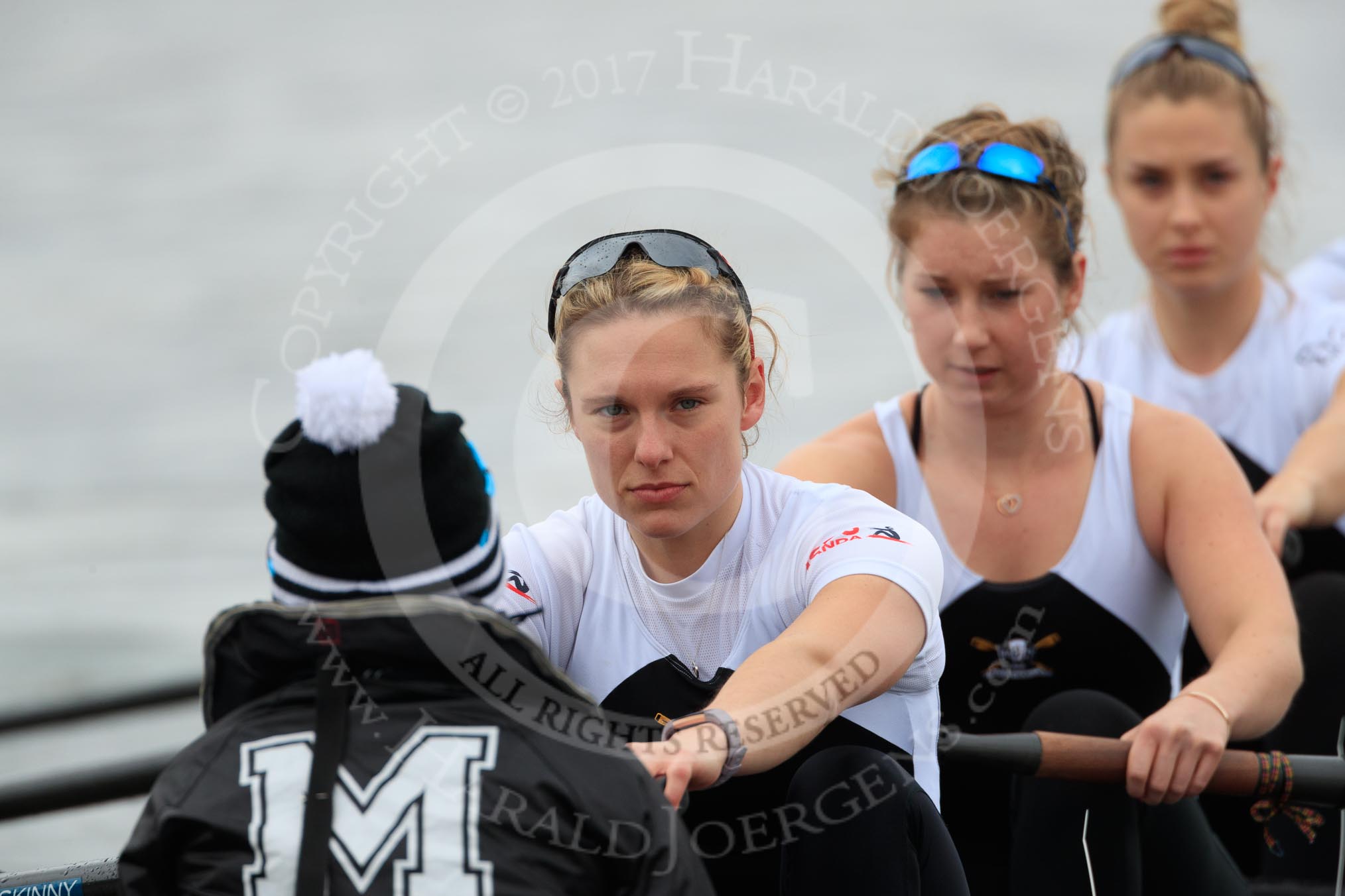 The Women's Boat Race season 2018 - fixture OUWBC vs. Molesey BC: Molesey ready for the race to be started: Cox Ella Taylor, stroke Katie Bartlett, 7 Emma McDonald, 6 Molly Harding.
River Thames between Putney Bridge and Mortlake,
London SW15,

United Kingdom,
on 04 March 2018 at 13:44, image #47