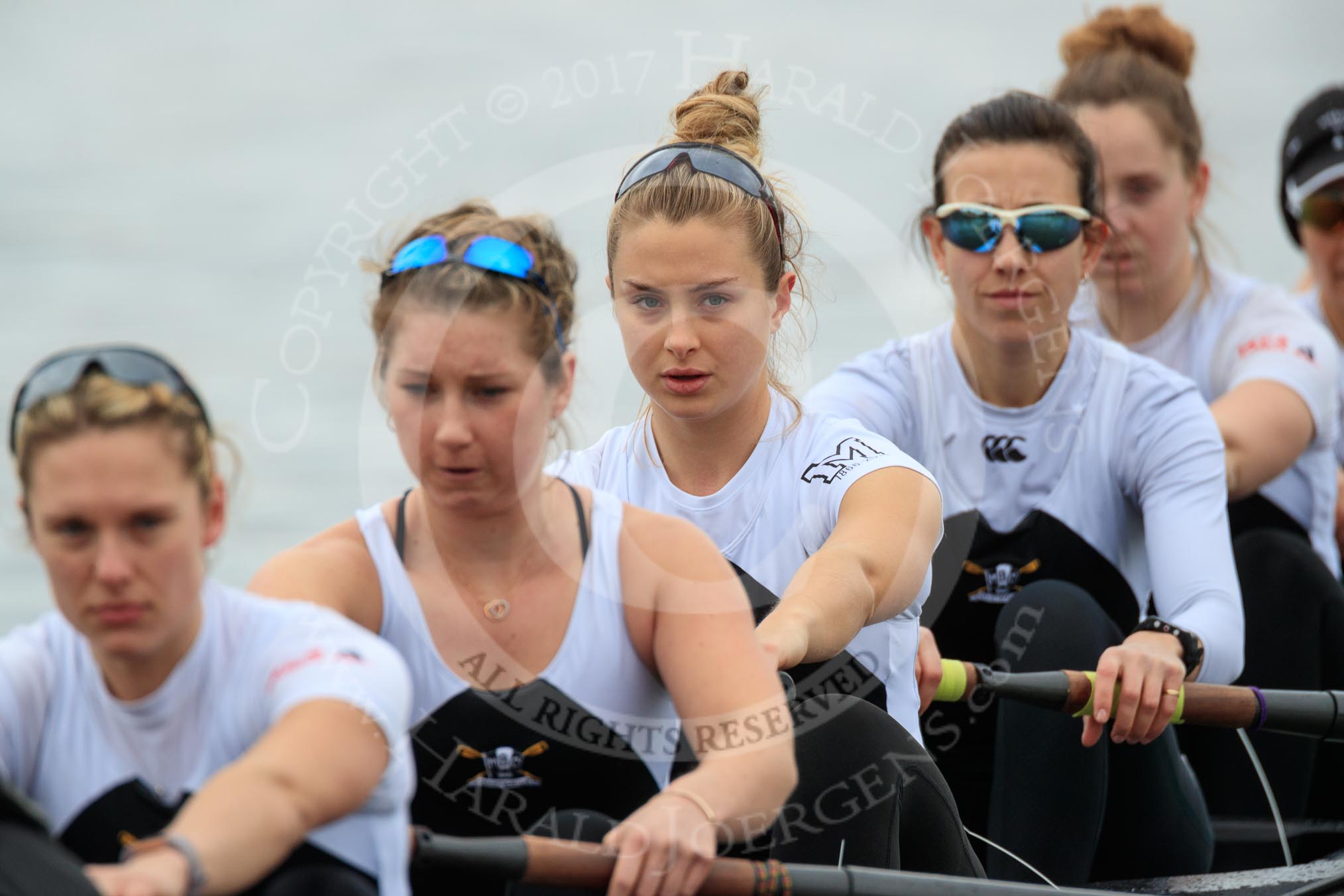 The Women's Boat Race season 2018 - fixture OUWBC vs. Molesey BC: Molesey ready for the race to be started: Stroke Katie Bartlett, 7 Emma McDonald, 6 Molly Harding, 5 Ruth Whyman, 4 Claire McKeown.
River Thames between Putney Bridge and Mortlake,
London SW15,

United Kingdom,
on 04 March 2018 at 13:44, image #48