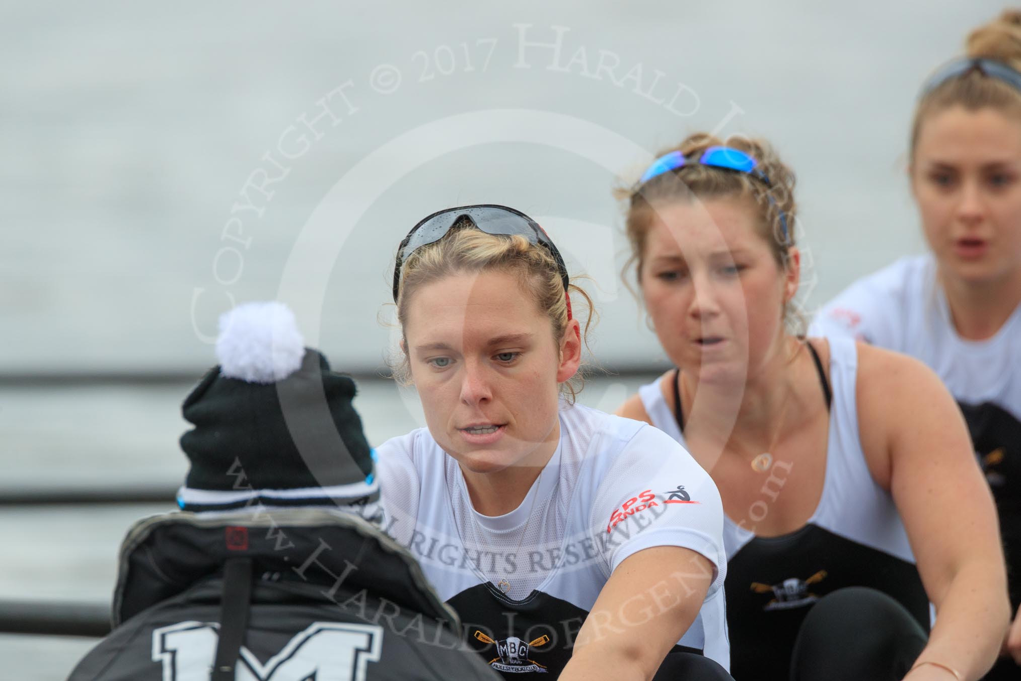 The Women's Boat Race season 2018 - fixture OUWBC vs. Molesey BC: Molesey at the moment the race is started: Cox Ella Taylor, stroke Katie Bartlett, 7 Emma McDonald, 6 Molly Harding.
River Thames between Putney Bridge and Mortlake,
London SW15,

United Kingdom,
on 04 March 2018 at 13:45, image #49