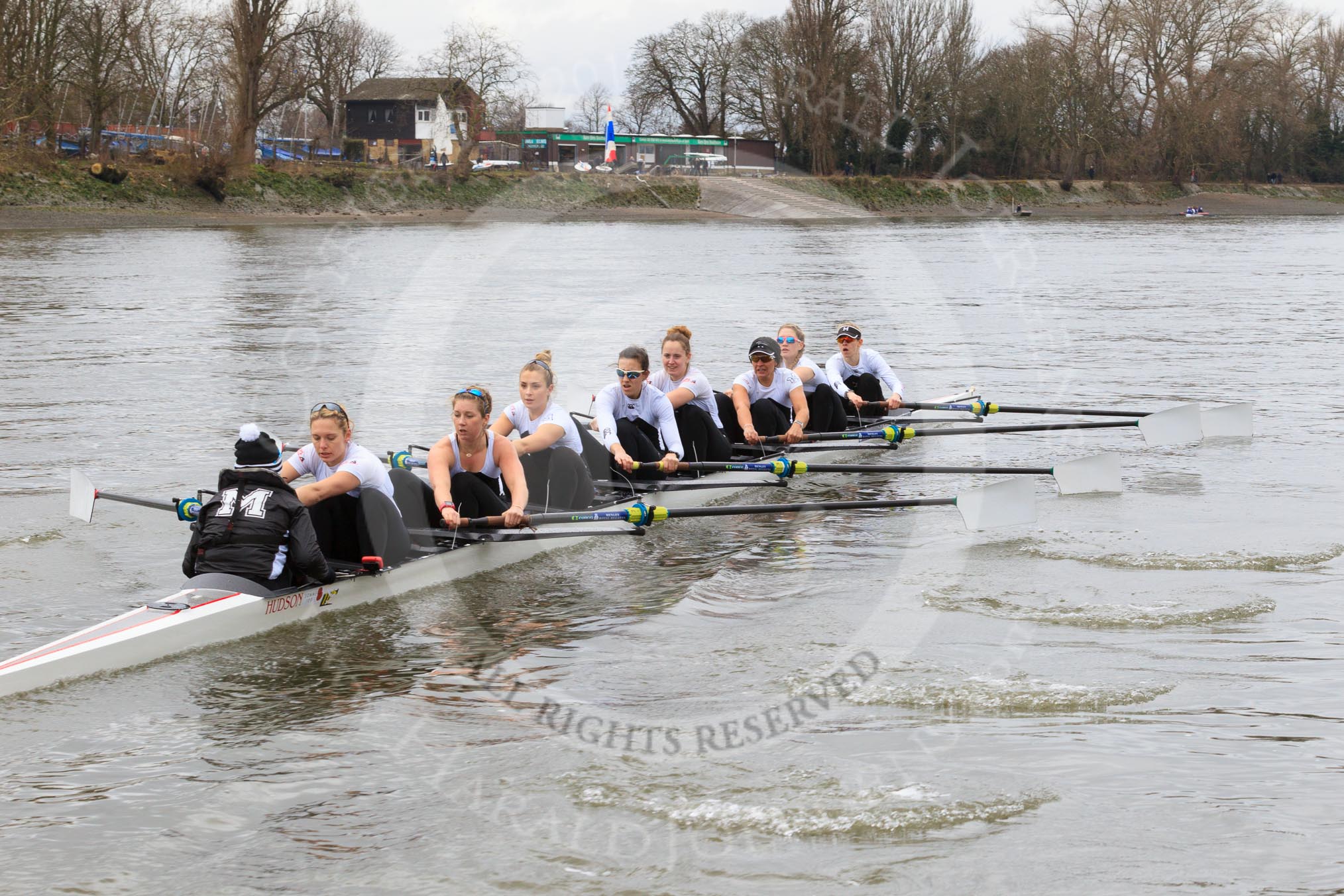 The Women's Boat Race season 2018 - fixture OUWBC vs. Molesey BC: Molesey falling a bit behind: Cox Ella Taylor, stroke Katie Bartlett, 7 Emma McDonald, 6 Molly Harding, 5 Ruth Whyman, 4 Claire McKeown, 3 Gabby Rodriguez, 2 Lucy Primmer, bow Emma Boyns.
River Thames between Putney Bridge and Mortlake,
London SW15,

United Kingdom,
on 04 March 2018 at 13:46, image #61