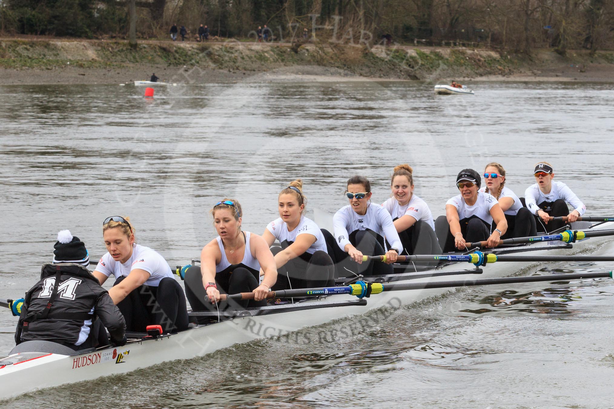 The Women's Boat Race season 2018 - fixture OUWBC vs. Molesey BC: The Molesey boat: Cox Ella Taylor, stroke Katie Bartlett, 7 Emma McDonald, 6 Molly Harding, 5 Ruth Whyman, 4 Claire McKeown, 3 Gabby Rodriguez, 2 Lucy Primmer, bow Emma Boyns.
River Thames between Putney Bridge and Mortlake,
London SW15,

United Kingdom,
on 04 March 2018 at 13:47, image #65