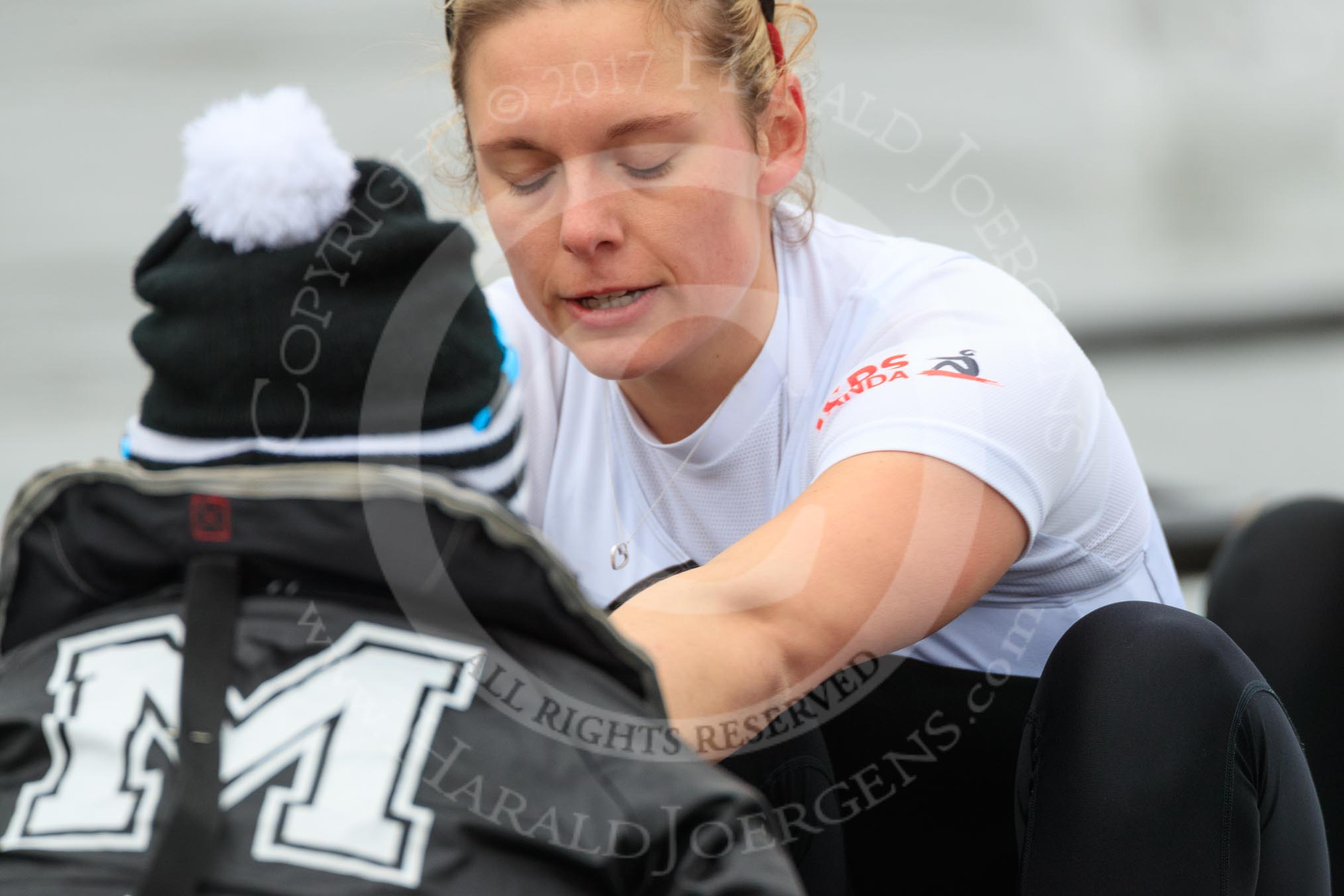 The Women's Boat Race season 2018 - fixture OUWBC vs. Molesey BC: Molesey stroke Katie Bartlett with cox Ella Taylor.
River Thames between Putney Bridge and Mortlake,
London SW15,

United Kingdom,
on 04 March 2018 at 13:49, image #72