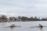 The Women's Boat Race season 2018 - fixture OUWBC vs. Molesey BC: Molesey (left) and OUWBC ready for the start of the race at Putney Bridge.
River Thames between Putney Bridge and Mortlake,
London SW15,

United Kingdom,
on 04 March 2018 at 13:44, image #45