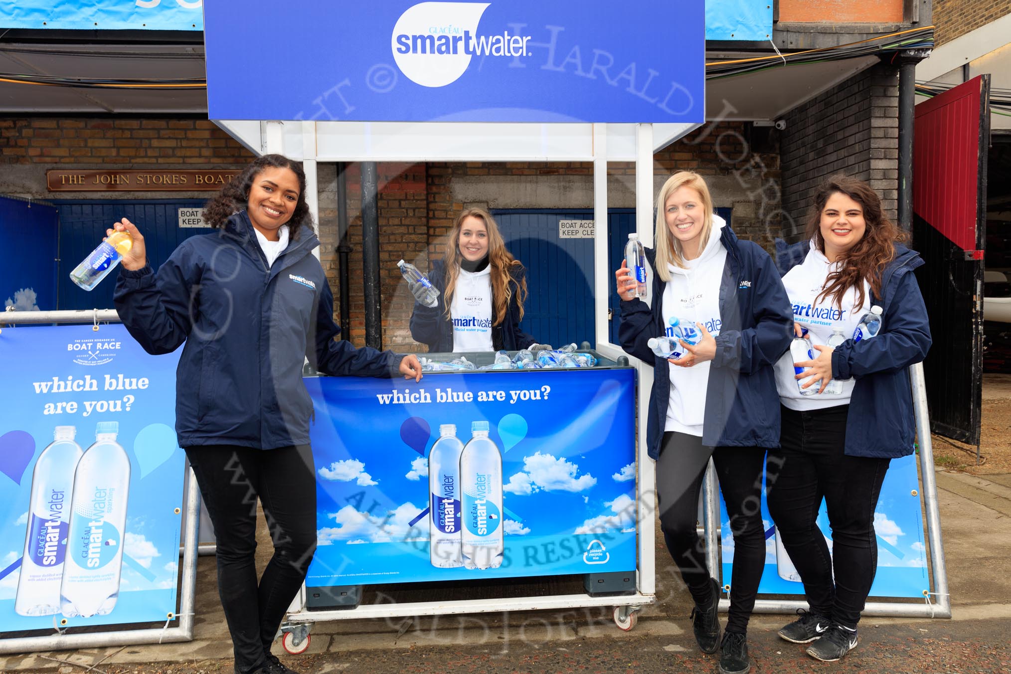 The Cancer Research UK Women's Boat Race 2018: SmartWater, one of the sponsors of teh Boat Race, with the "which blue are you" theme adopted for light blue/dark blue water bottles.
River Thames between Putney Bridge and Mortlake,
London SW15,

United Kingdom,
on 24 March 2018 at 12:59, image #1