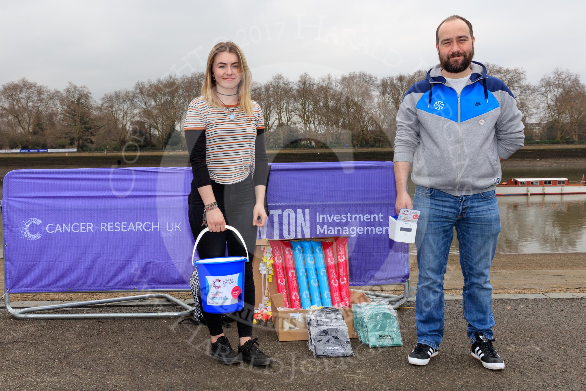 The Cancer Research UK Women's Boat Race 2018: Volunteers for Cancer Research on Putney Bridge before the race.
River Thames between Putney Bridge and Mortlake,
London SW15,

United Kingdom,
on 24 March 2018 at 13:01, image #3