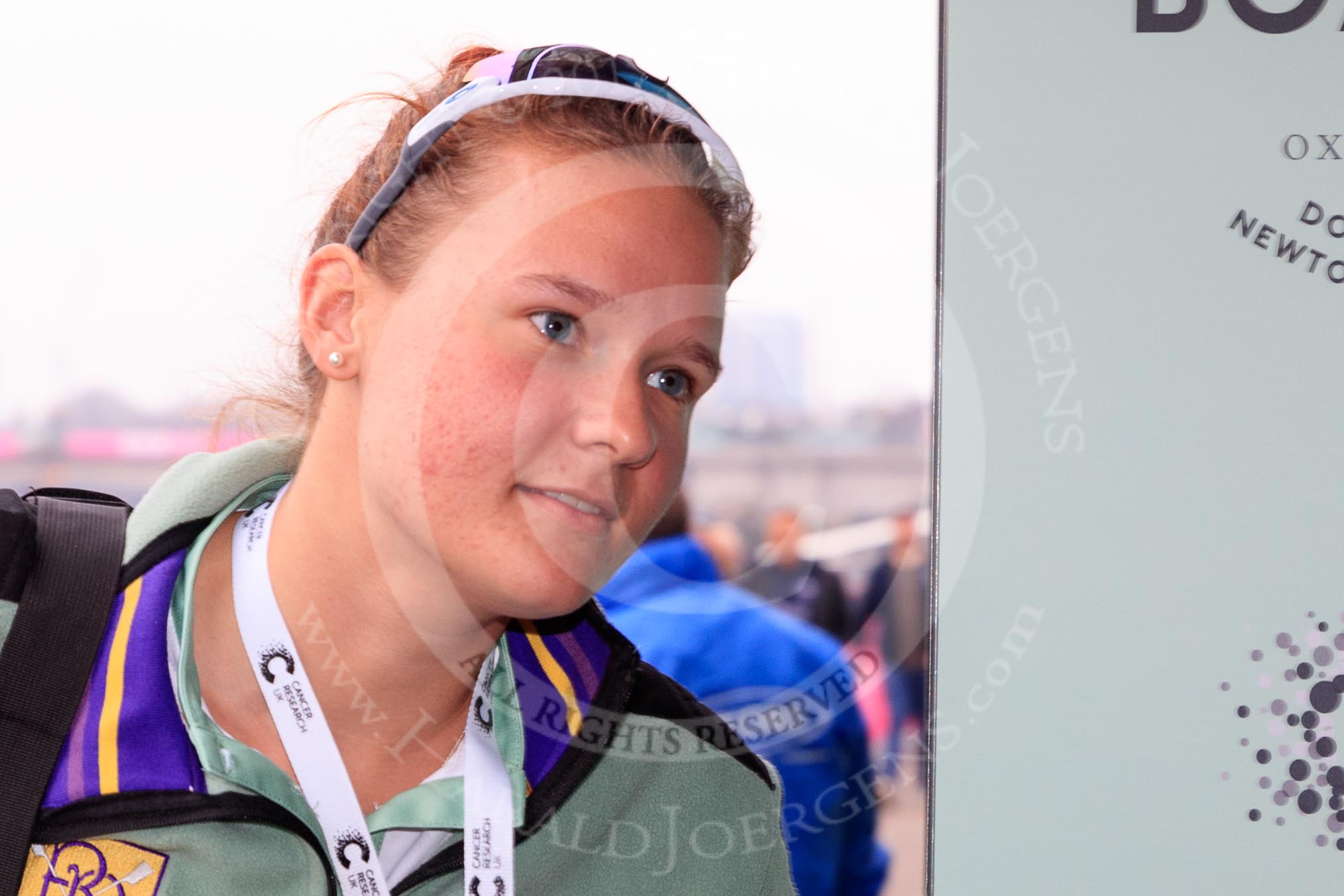 The Cancer Research UK Women's Boat Race 2018: Cambridge 5 seat Paula Wesselmann arriving at the boathouses before the race.
River Thames between Putney Bridge and Mortlake,
London SW15,

United Kingdom,
on 24 March 2018 at 13:54, image #14