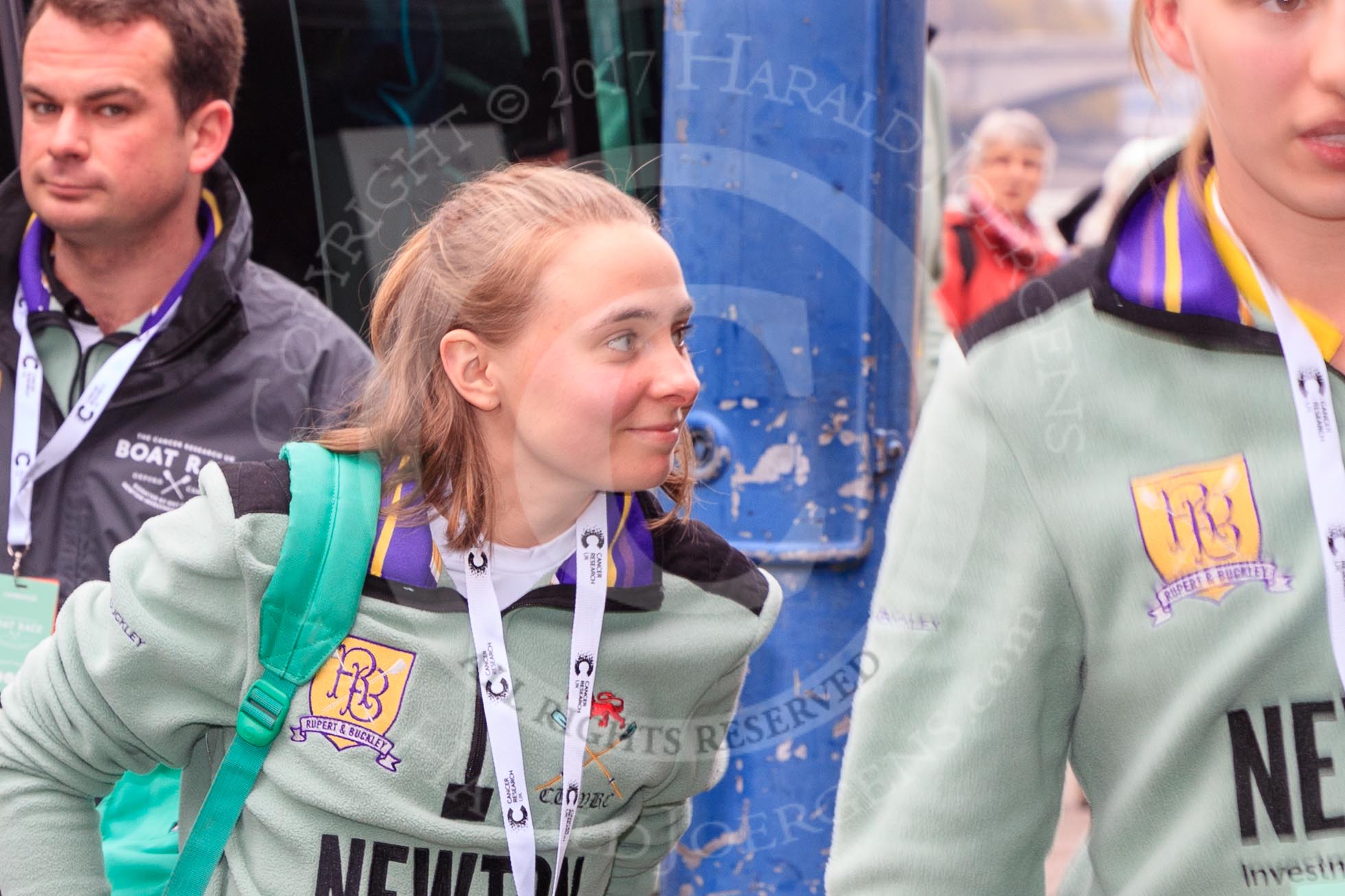 The Cancer Research UK Women's Boat Race 2018: The arrival of the Oxford reserve boat crew, here cox Sophie Wrixon.
River Thames between Putney Bridge and Mortlake,
London SW15,

United Kingdom,
on 24 March 2018 at 14:04, image #20