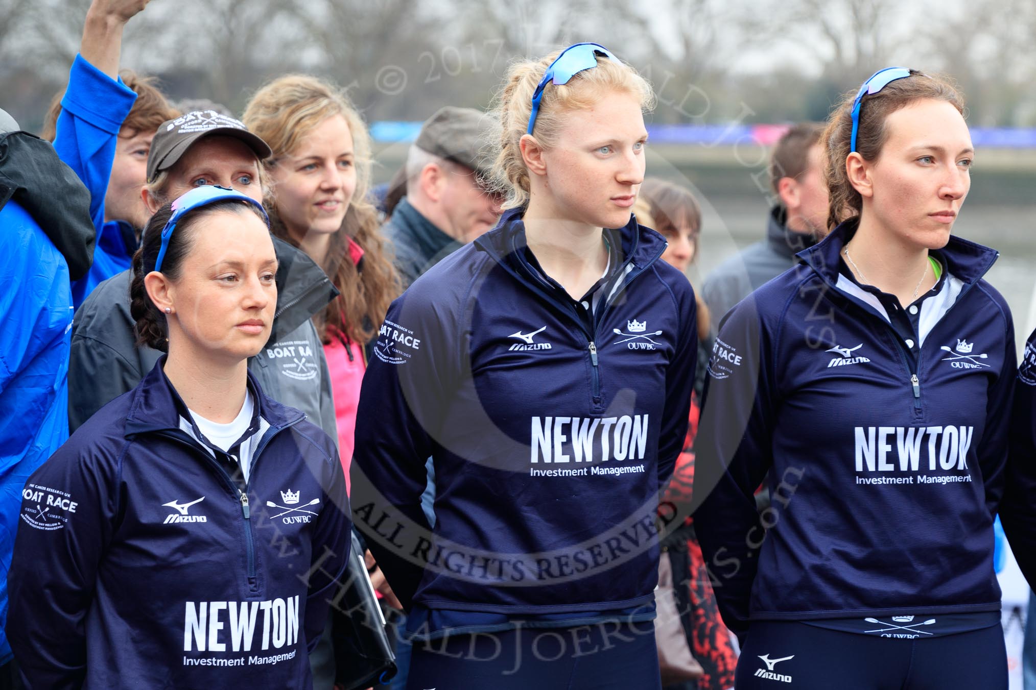 The Cancer Research UK Women's Boat Race 2018: Oxford women at the toss - cox Jessica Buck, stroke Beth Bridgman, and 7 seat Abigail Killen.
River Thames between Putney Bridge and Mortlake,
London SW15,

United Kingdom,
on 24 March 2018 at 14:40, image #35