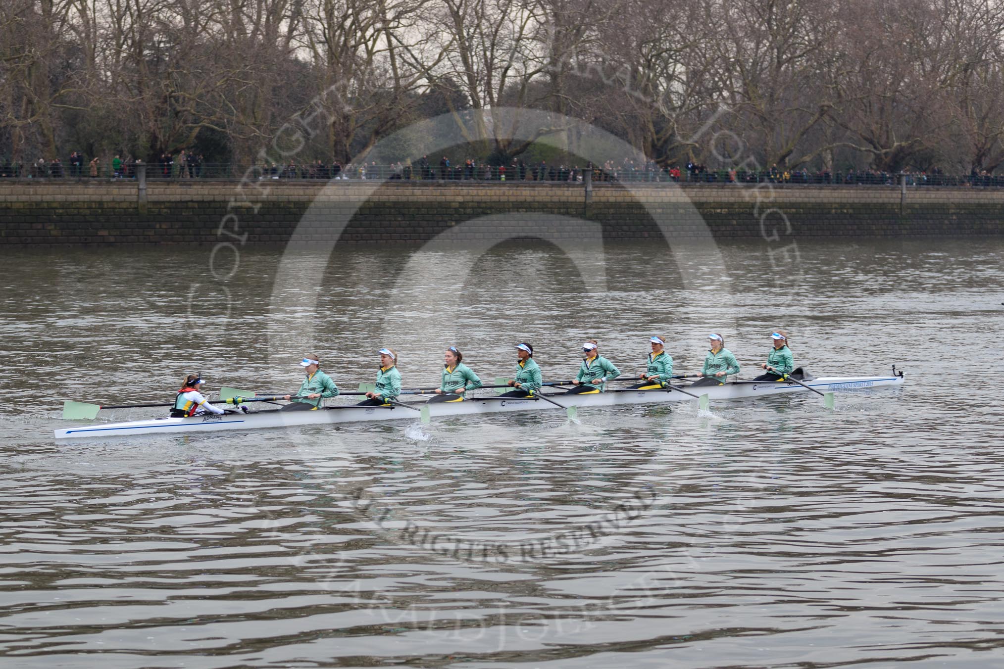 The Cancer Research UK Women's Boat Race 2018: The Cambridge reserve boat Blondie, with cox Sophie Wrixon, stroke Millie Perrin, 7 Lucy Pike, 6 Larkin Sayre, 5 Daphne Martschenko, 4 Laura Foster, 3 Anne Beenken, 2 Emma Andrews, and bow Pippa Dakin.
River Thames between Putney Bridge and Mortlake,
London SW15,

United Kingdom,
on 24 March 2018 at 16:03, image #140