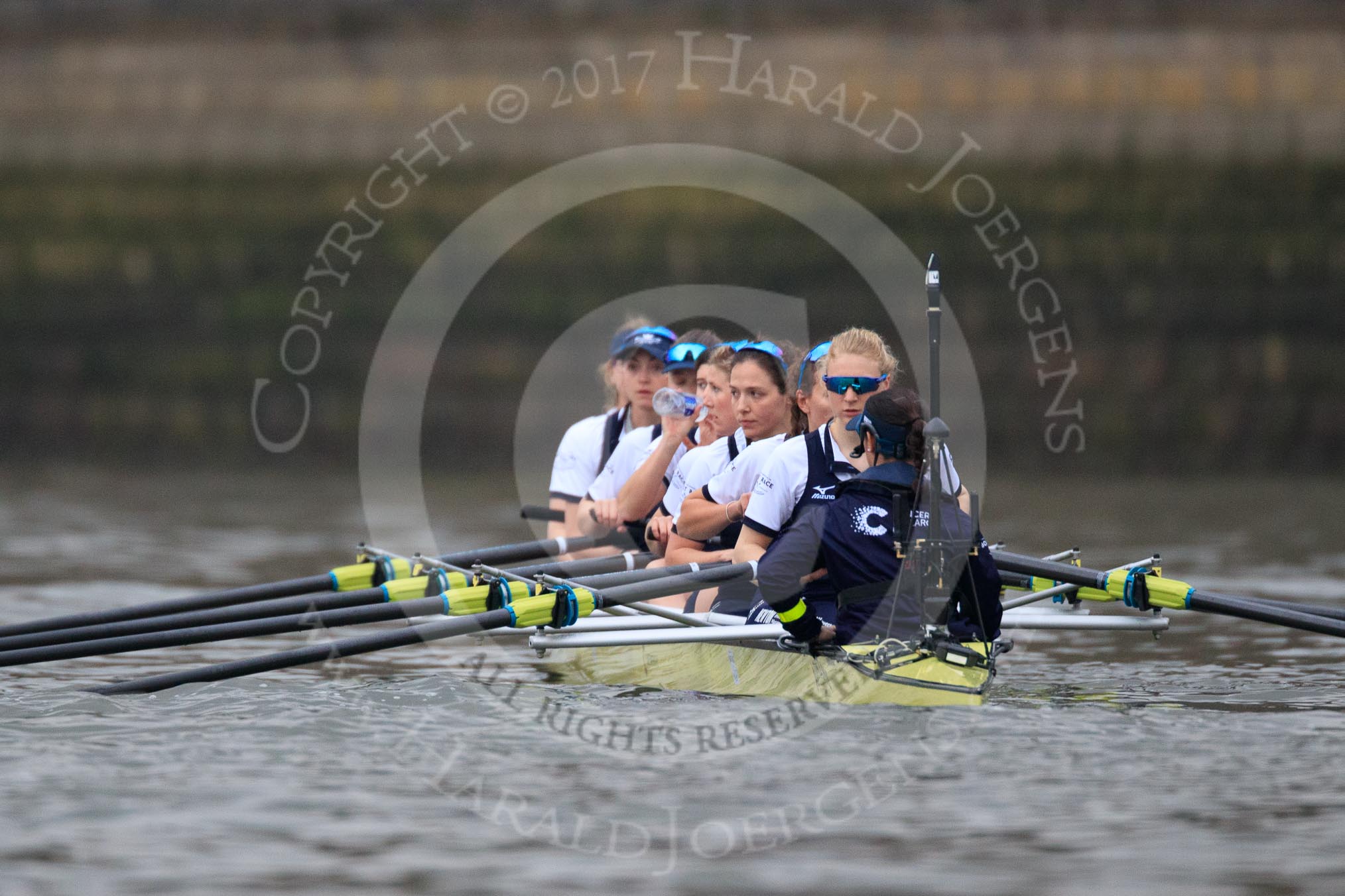 The Cancer Research UK Women's Boat Race 2018: The Oxford women getting ready for the start of the Women's Boat Race - bow Renée Koolschijn, 2 Katherine Erickson, 3 Juliette Perry, 4 Alice Roberts, 5 Morgan McGovern, 6 Sara Kushma, 7 Abigail Killen, stroke Beth Bridgman, cox Jessica Buck.
River Thames between Putney Bridge and Mortlake,
London SW15,

United Kingdom,
on 24 March 2018 at 16:22, image #148