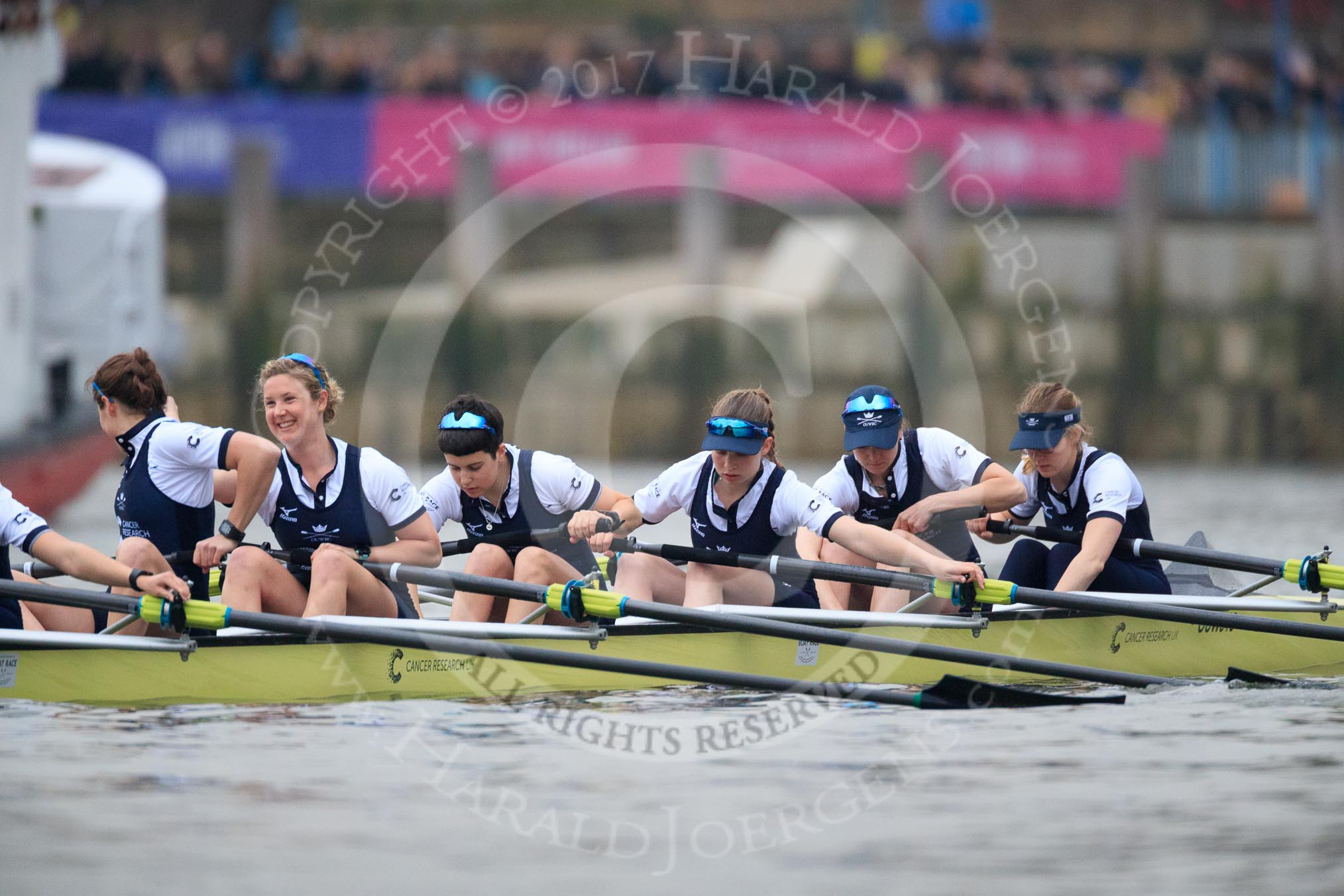 Photo 1803241628141X24442HaraldJoergens The Cancer Research UK Women's Boat Race 2018: The Oxford Blue Boat, getting ready for the start of the race - 6 Sara Kushma, 5 Morgan McGovern, 4 Alice Roberts, 3 Juliette Perry, 2 Katherine Erickson, bow Renée Koolschijn.
River Thames between Putney Bridge and Mortlake,
London SW15,
United Kingdom,
on 24 March 2018 at 16:28, image #156