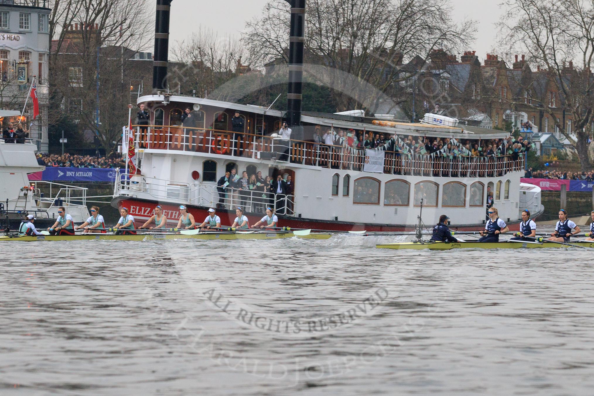 Photo 1803241631231D40420HaraldJoergens The Cancer Research UK Women's Boat Race 2018: Seconds after the start of the Women's Boat Race, the boats passing the two passenger ships carrying friends and families.
River Thames between Putney Bridge and Mortlake,
London SW15,
United Kingdom,
on 24 March 2018 at 16:31, image #165